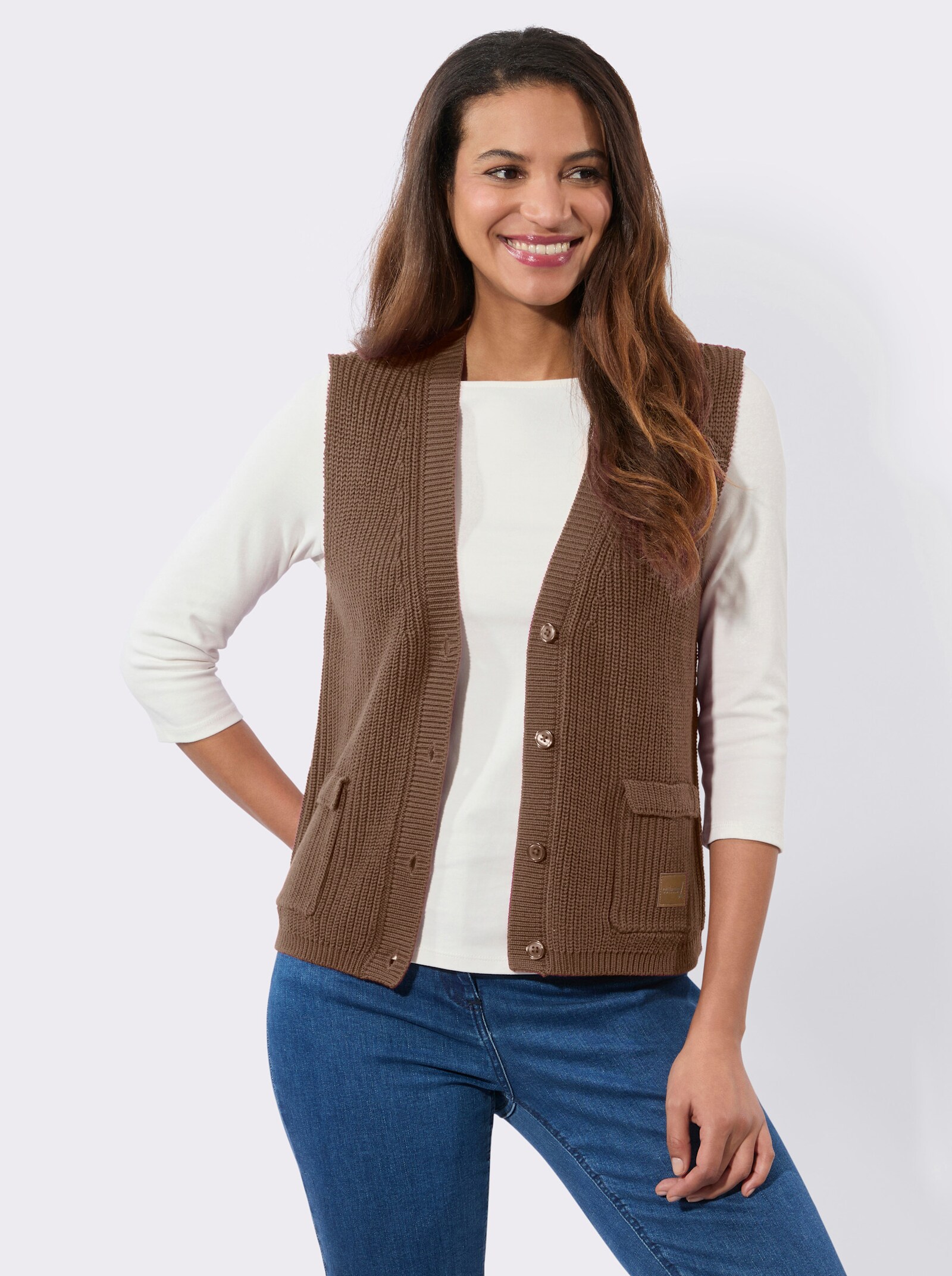 Strickweste mit Ripp-Abschlüssen - braun