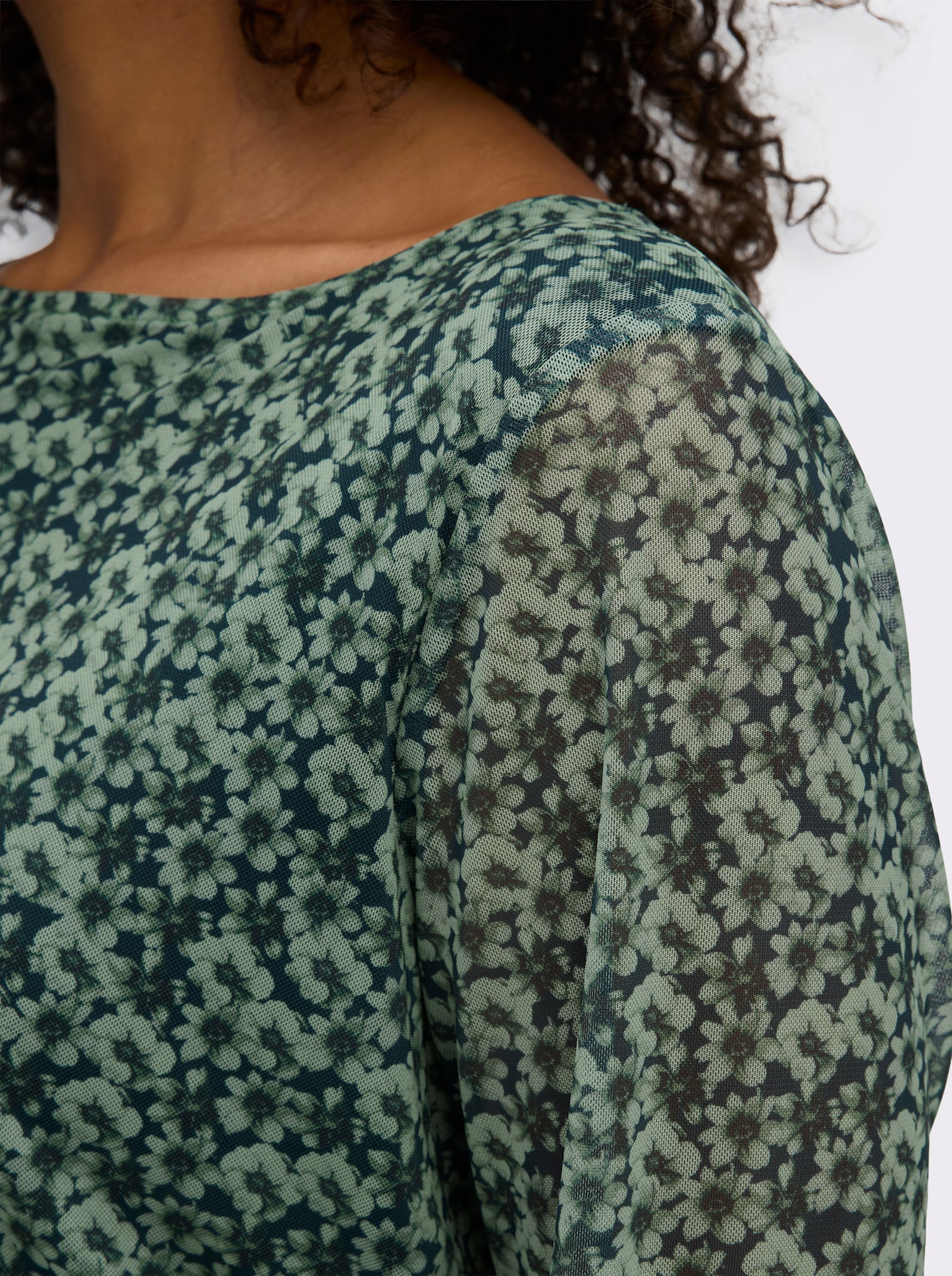 sheego Langarmshirt aus Mesh, mit Blumenprint - petrol-eucalyptus-bedruckt