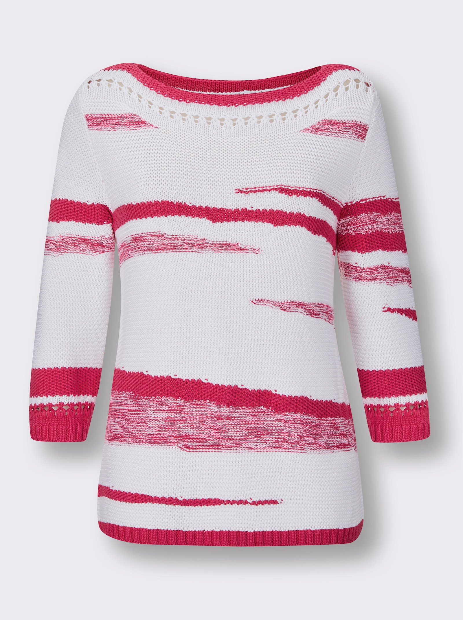 3/4 Arm-Pullover mit Lochmuster - weiss-pink-gemustert