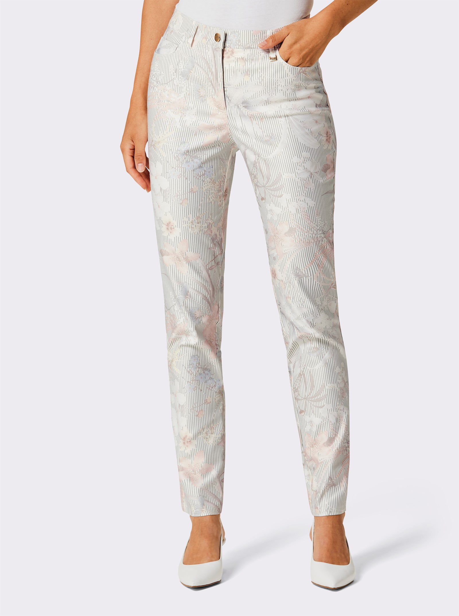 CREATION L PREMIUM 5-Pocket-Jeans in softer Twill-Qualität - ecru-rosé-bedruckt