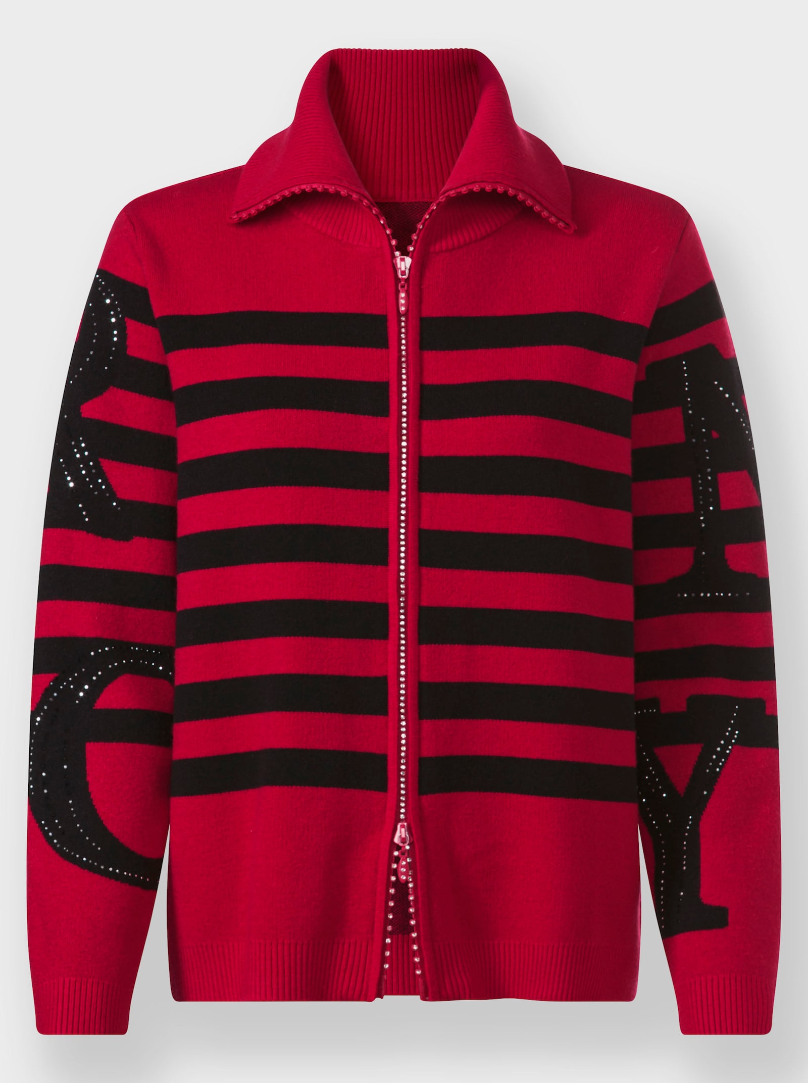 heine Strickjacke mit Stehkragen - rot-schwarz-geringelt