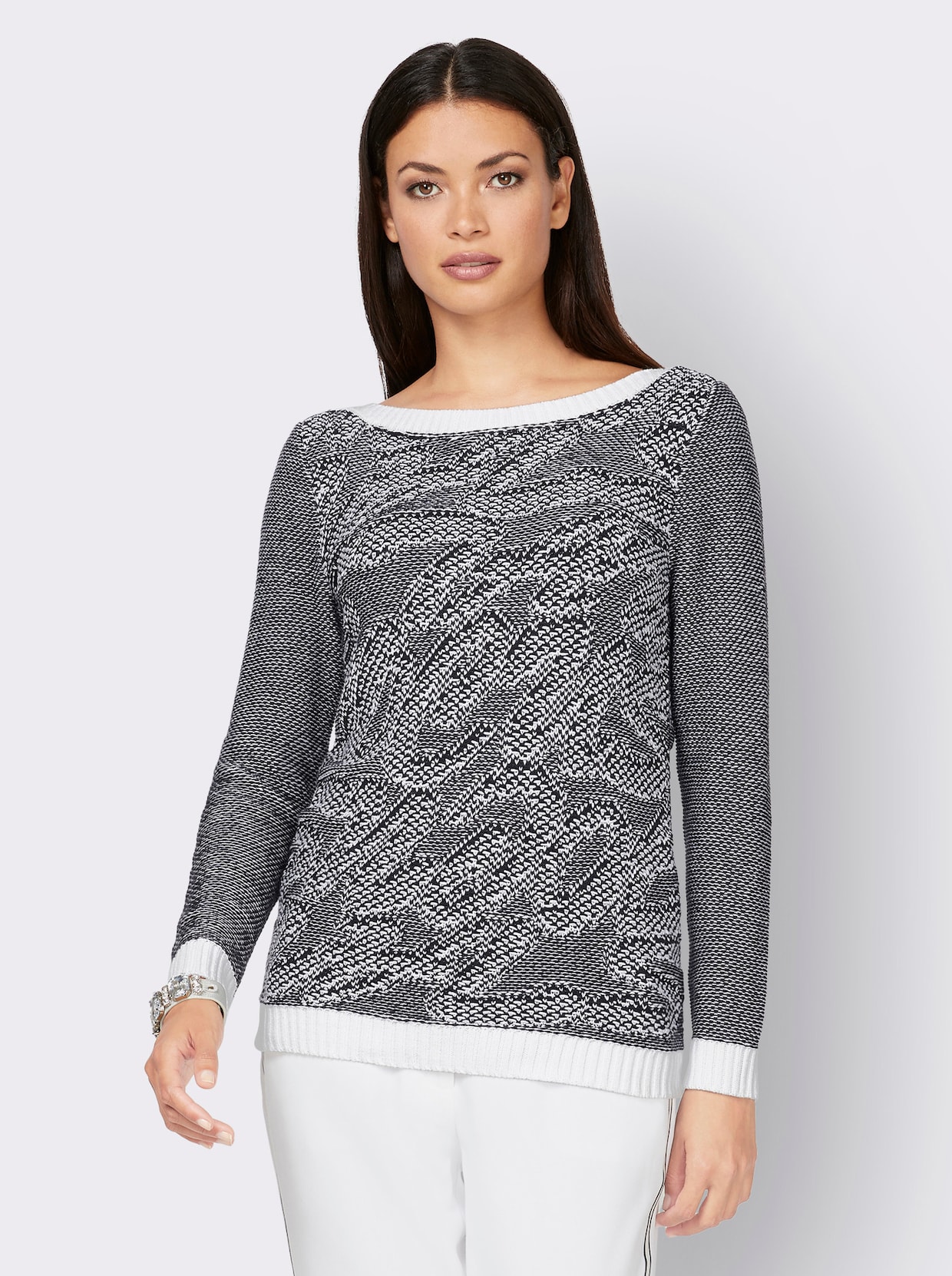 Langarm-Pullover - schwarz-weiß-bedruckt