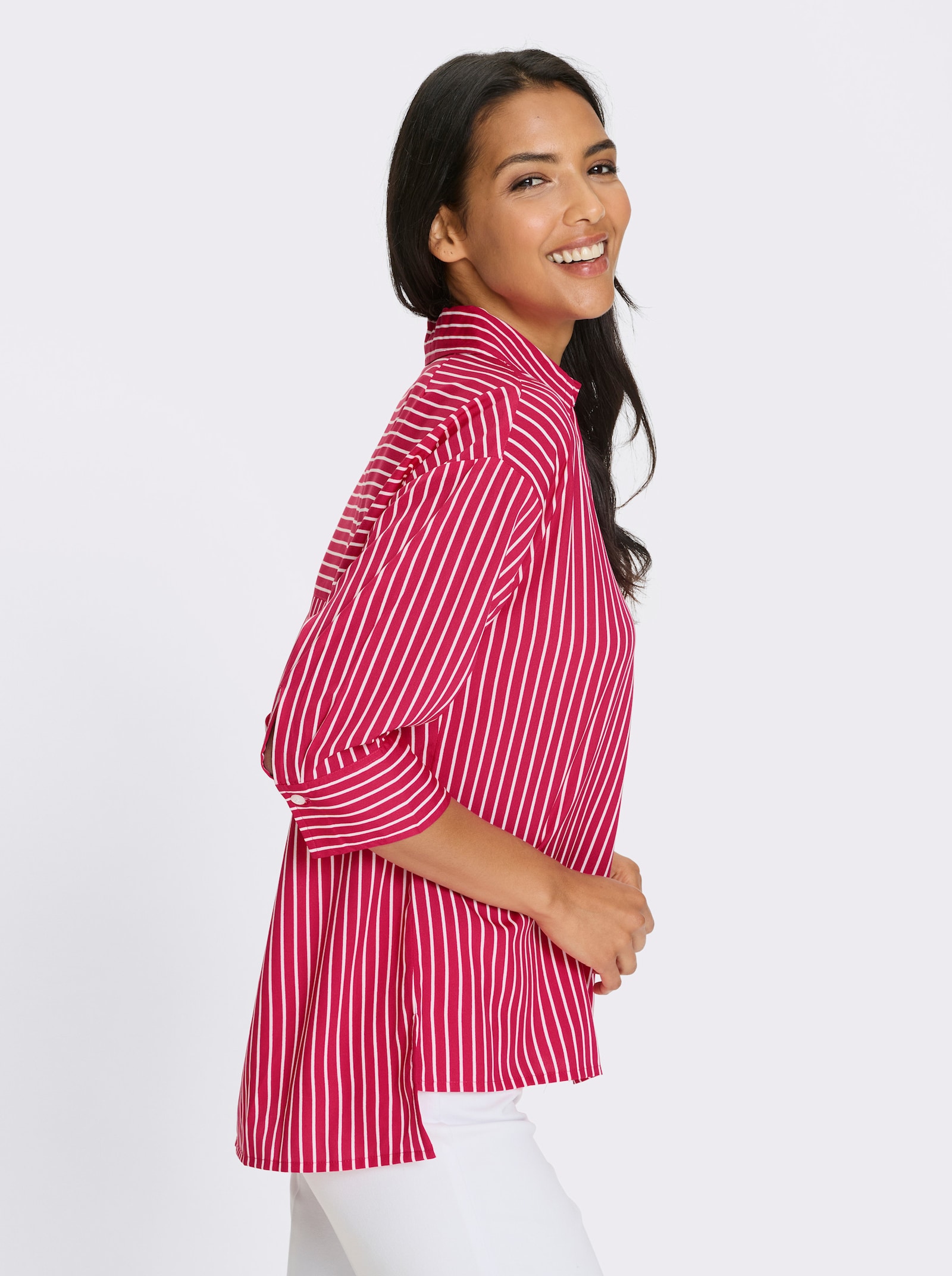 Longbluse mit Kellerfalte im Rückteil - weiss-pink-gestreift