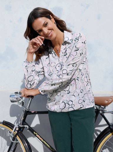Druckbluse mit Gummibündchen an Ärmeln und Saum - ecru-kalkmint-bedruckt