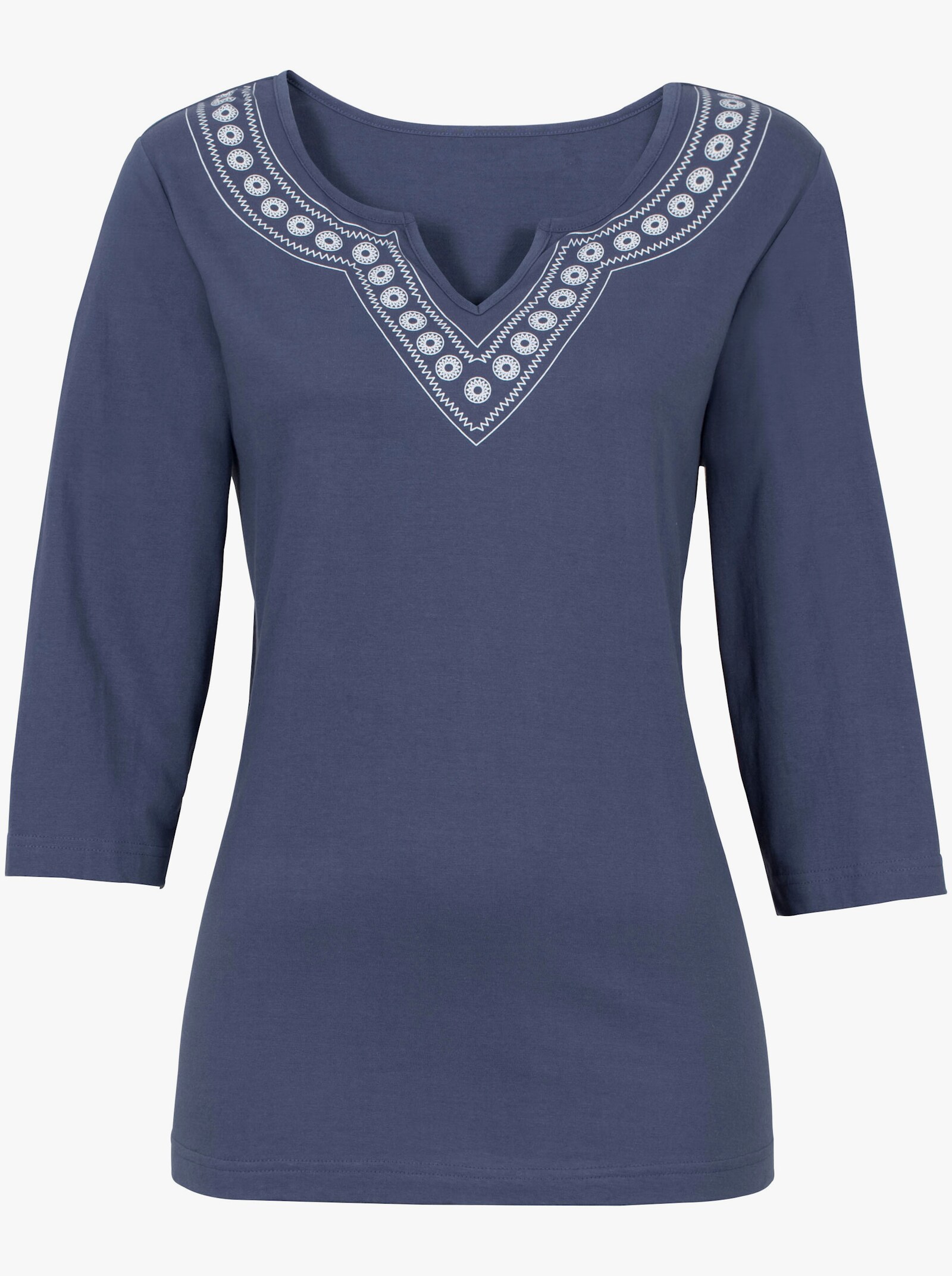 Shirt met 3/4-mouwen en etnopatroon bij de hals - jeansblauw