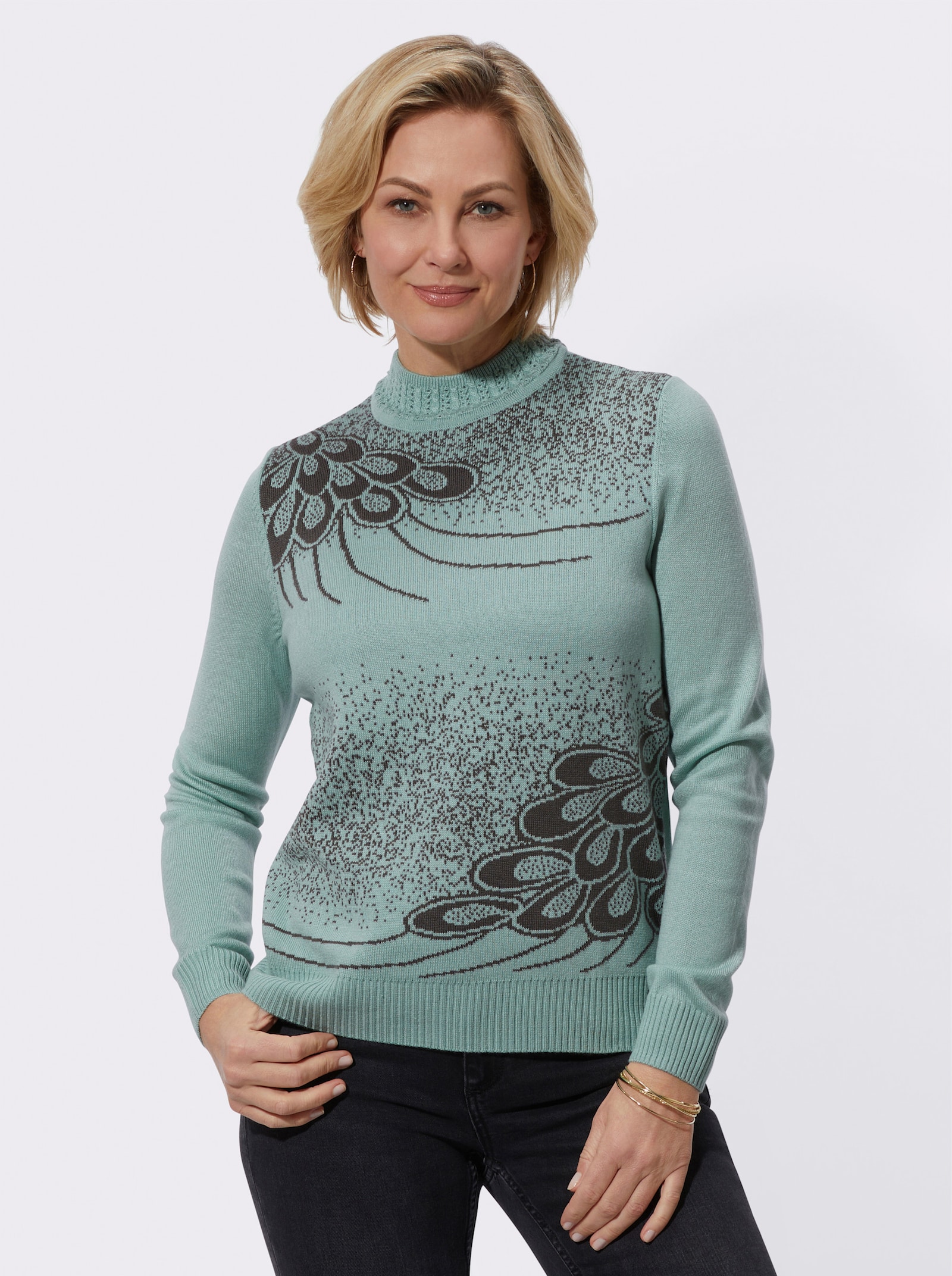 Stehkragenpullover mit Intarsien-Muster - kalkmint-gemustert
