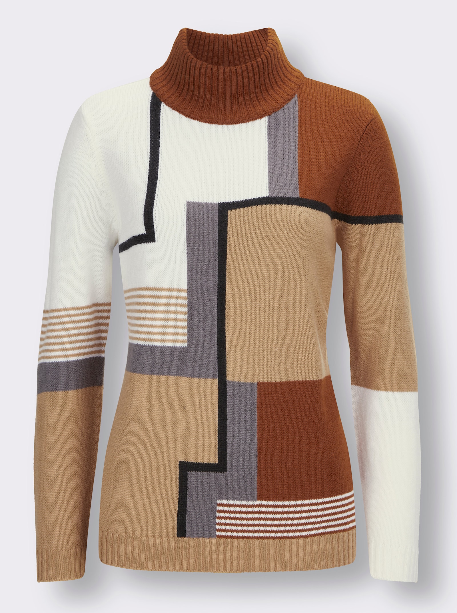 Stehkragenpullover mit Intarsien-Strick - ecru-camel-gemustert