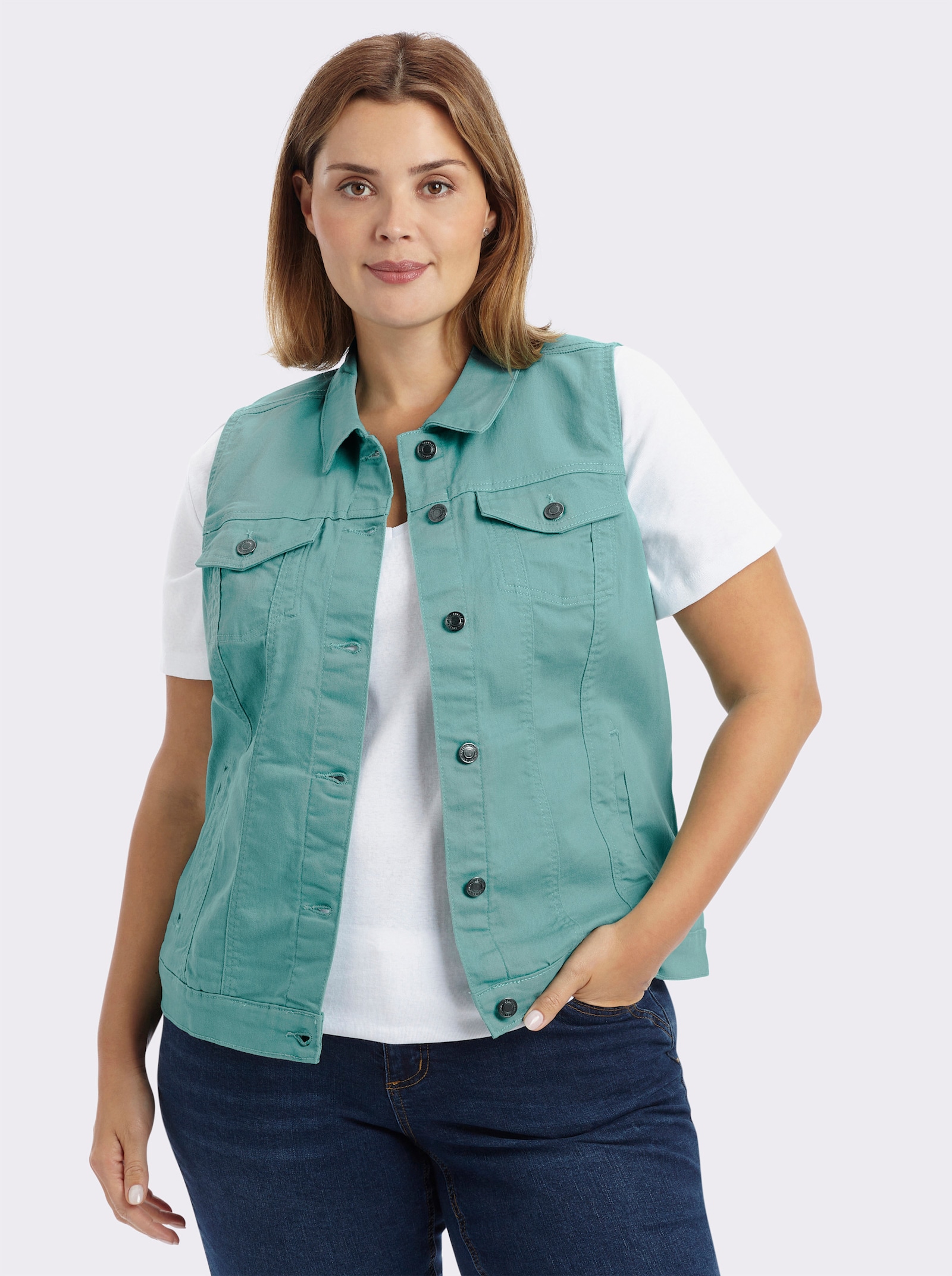 Jeansweste mit weitenverstellbarem Saum - salbei