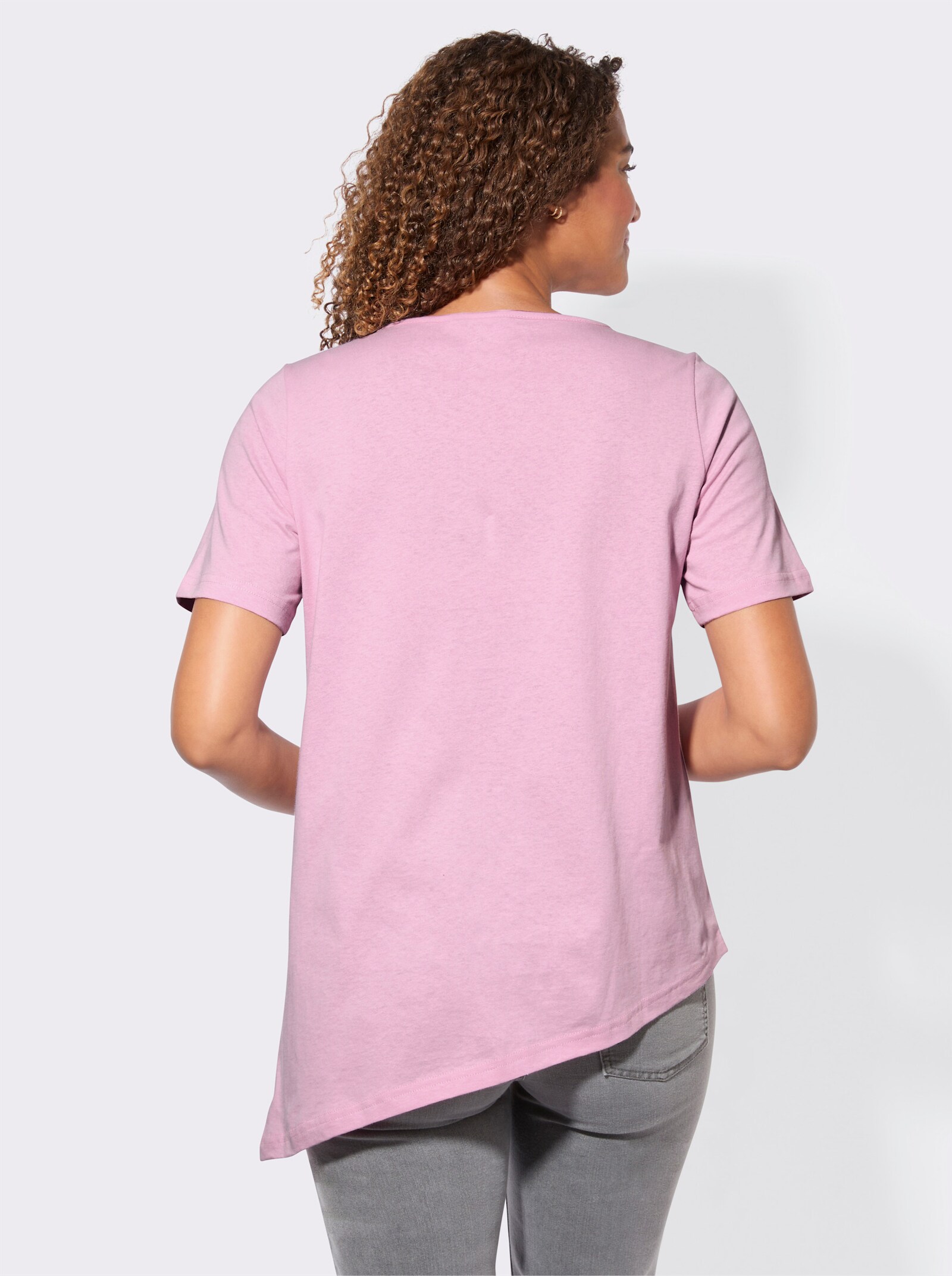 Kurzarmshirt mit asymmetrischem Saum - rosé-bedruckt