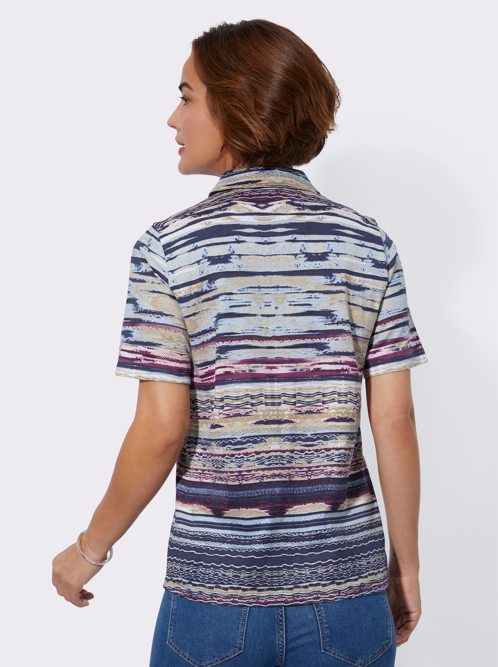 Poloshirt mit Glitzersteinchen - marine-rosé-bedruckt