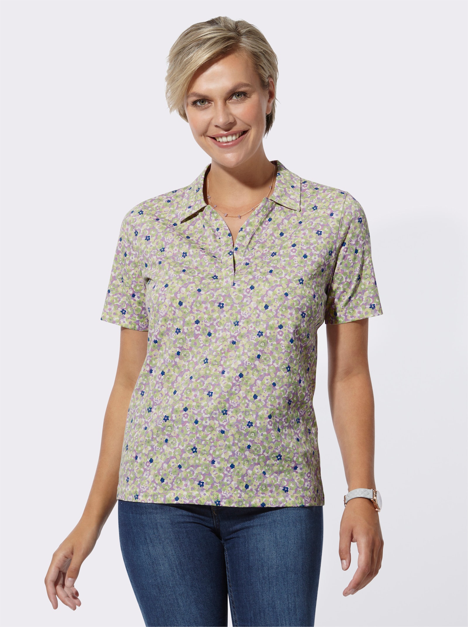 Poloshirt met open V-hals - lavendel/eucalyptus bedrukt