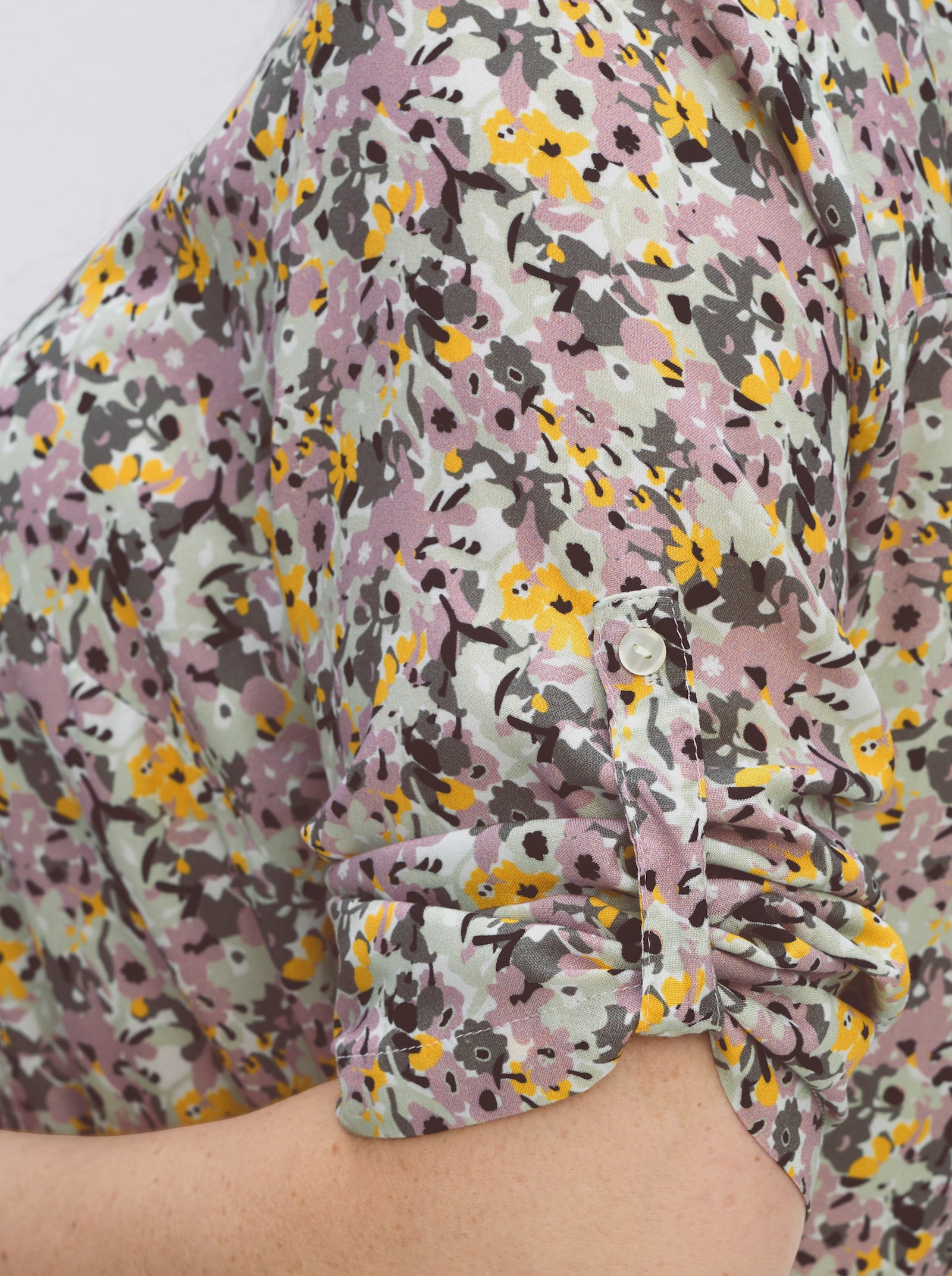 Druckbluse mit Krempelärmeln - hortensie-gelb-bedruckt