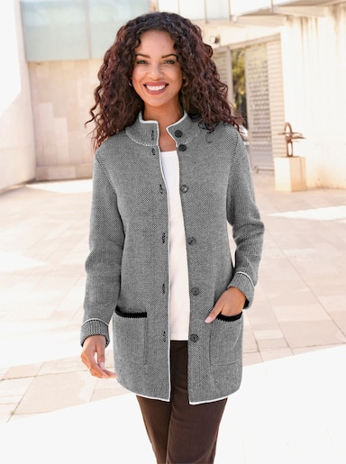 Jacquardstrickjacke - ecru-schwarz-meliert