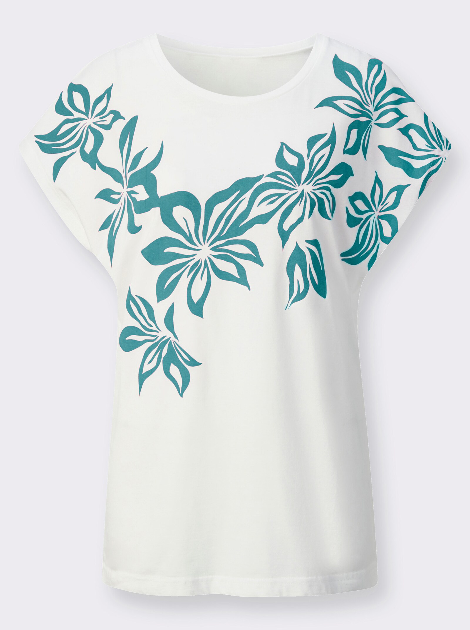 Kurzarmshirt mit Blumen-Druck im Vorderteil - ecru-ozean