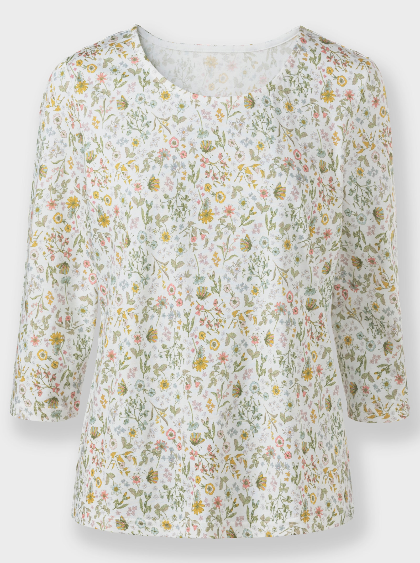 3/4-Arm-Shirt mit Wiesenblumen-Dessin - ecru-oliv-bedruckt