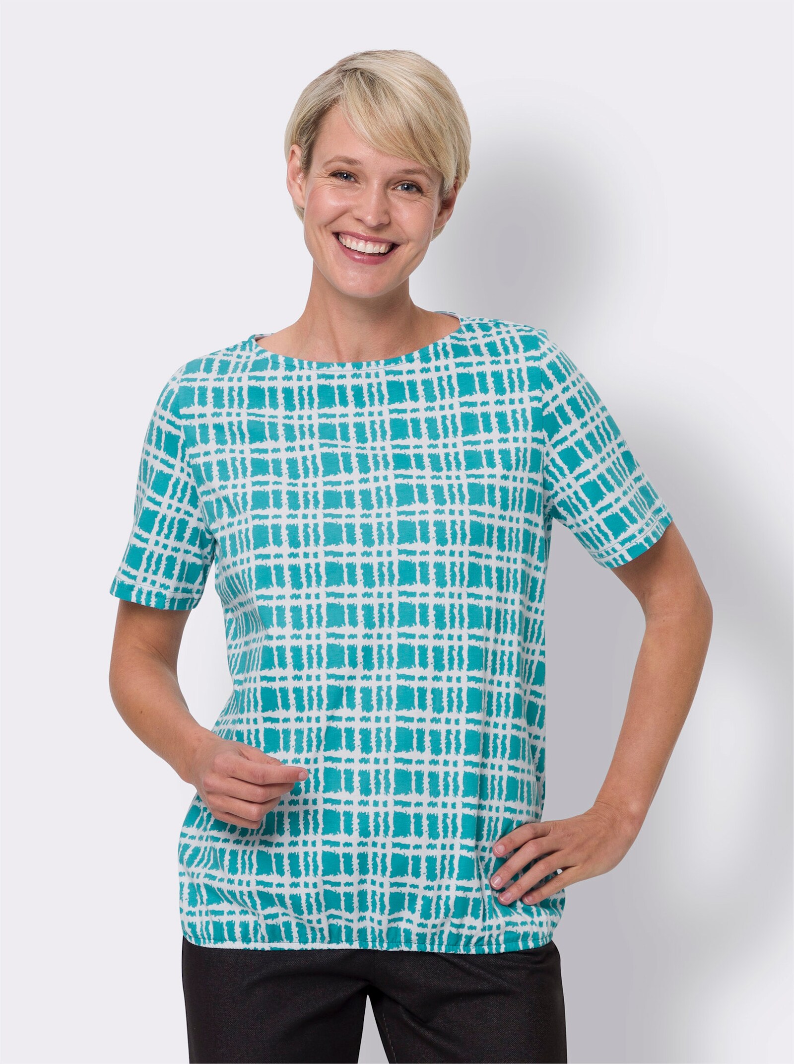 Tričko s okrúhlym lodičkovým výstrihom - Tyrkysová a biela potlač