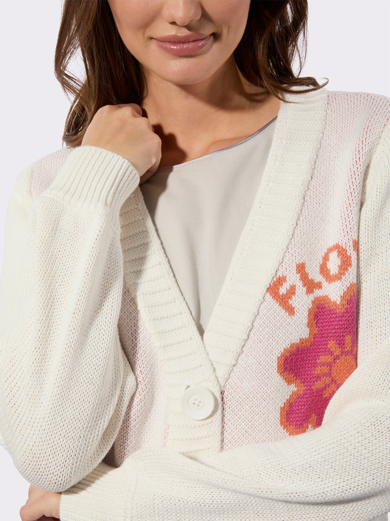 Strickjacke mit Flower Power-Motiv - ecru