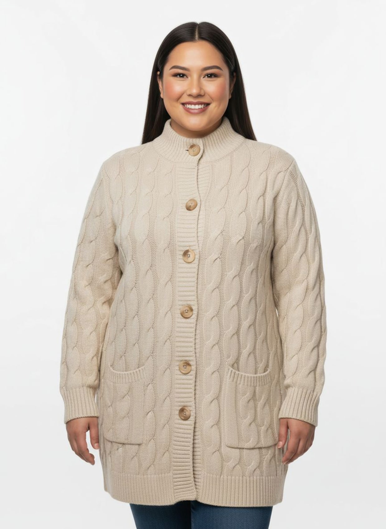 Longstrickjacke mit Zopf-Strickmuster - sand