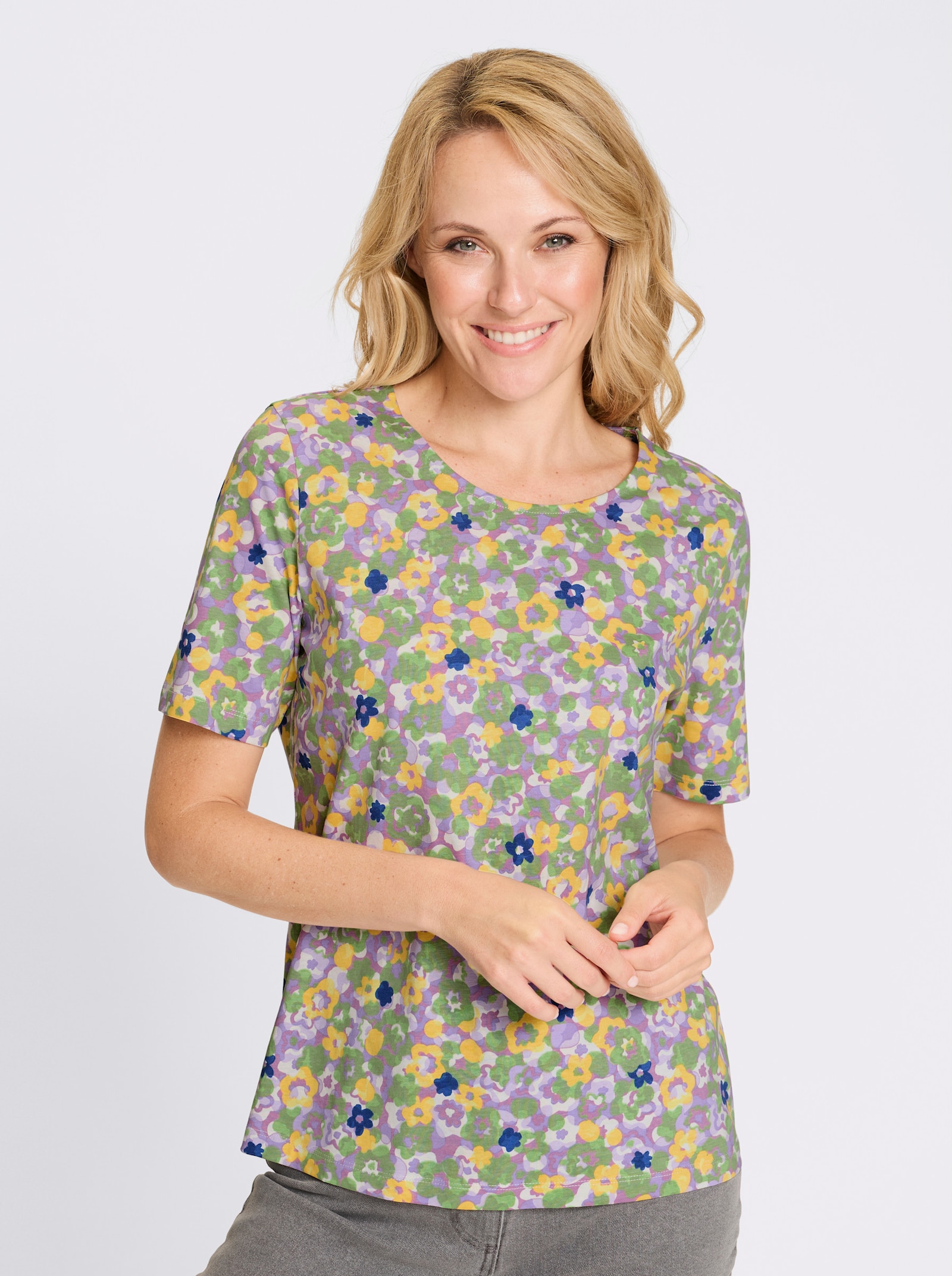 Kurzarmshirt im Millefleurs-Dessin - orchidee-reseda-bedruckt