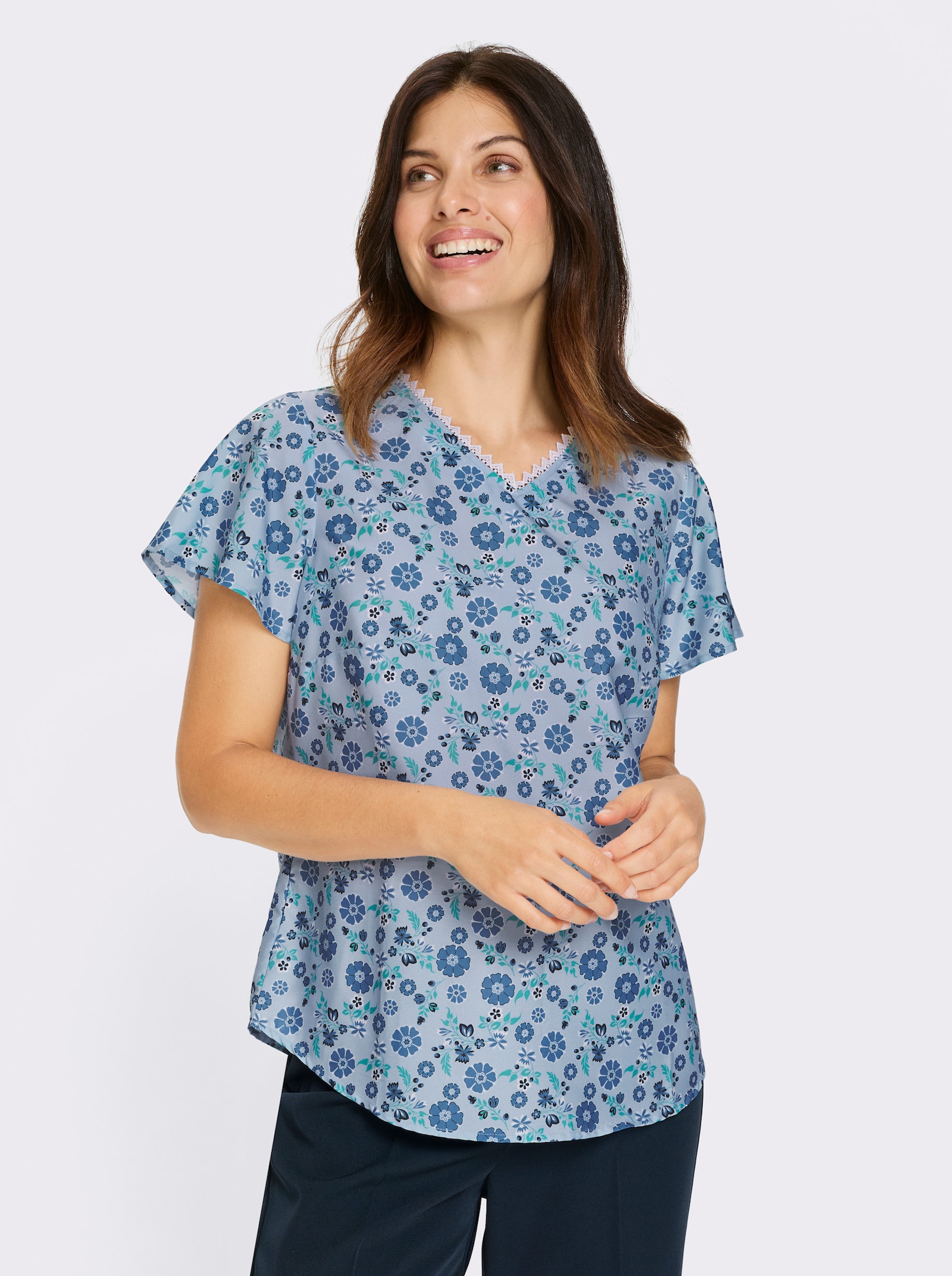 Navlékací halenka s balonkovými rukávy - ledová modrá-námořnická modrá-potisk