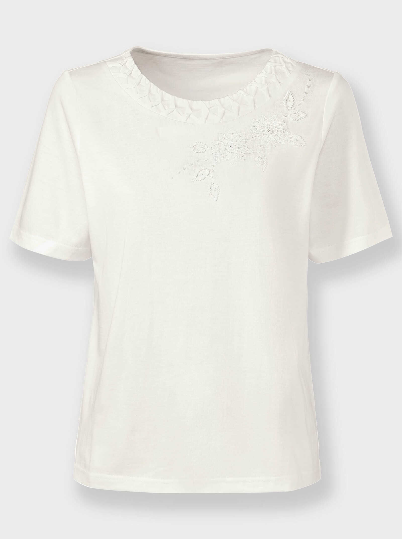 Shirt met ronde hals en bloemenborduursel - ecru