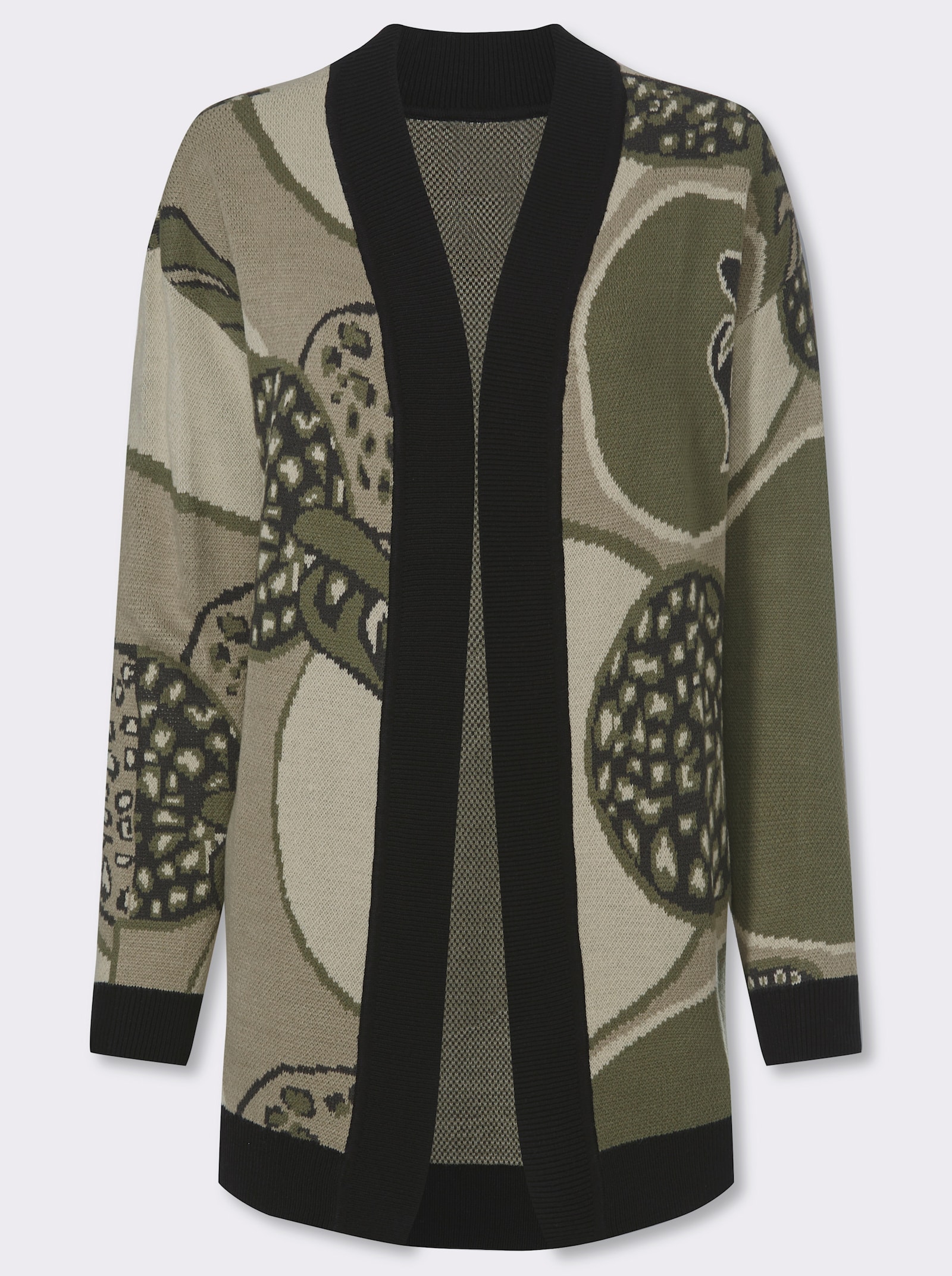 Jacquardstrickjacke mit überschnittenen Schultern - khaki-schwarz-gemustert