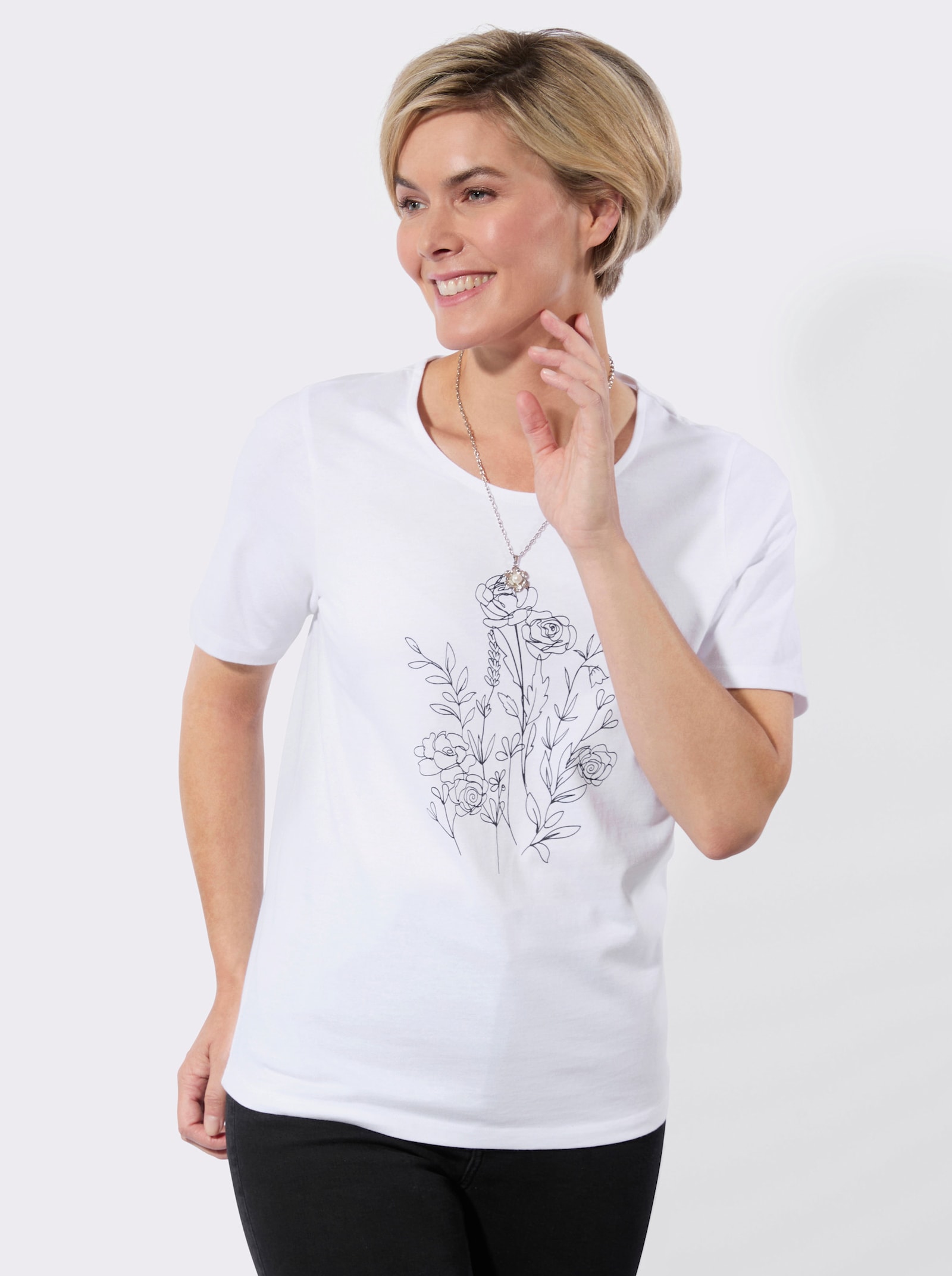 Rundhalsshirt mit Blüten-Print - weiß