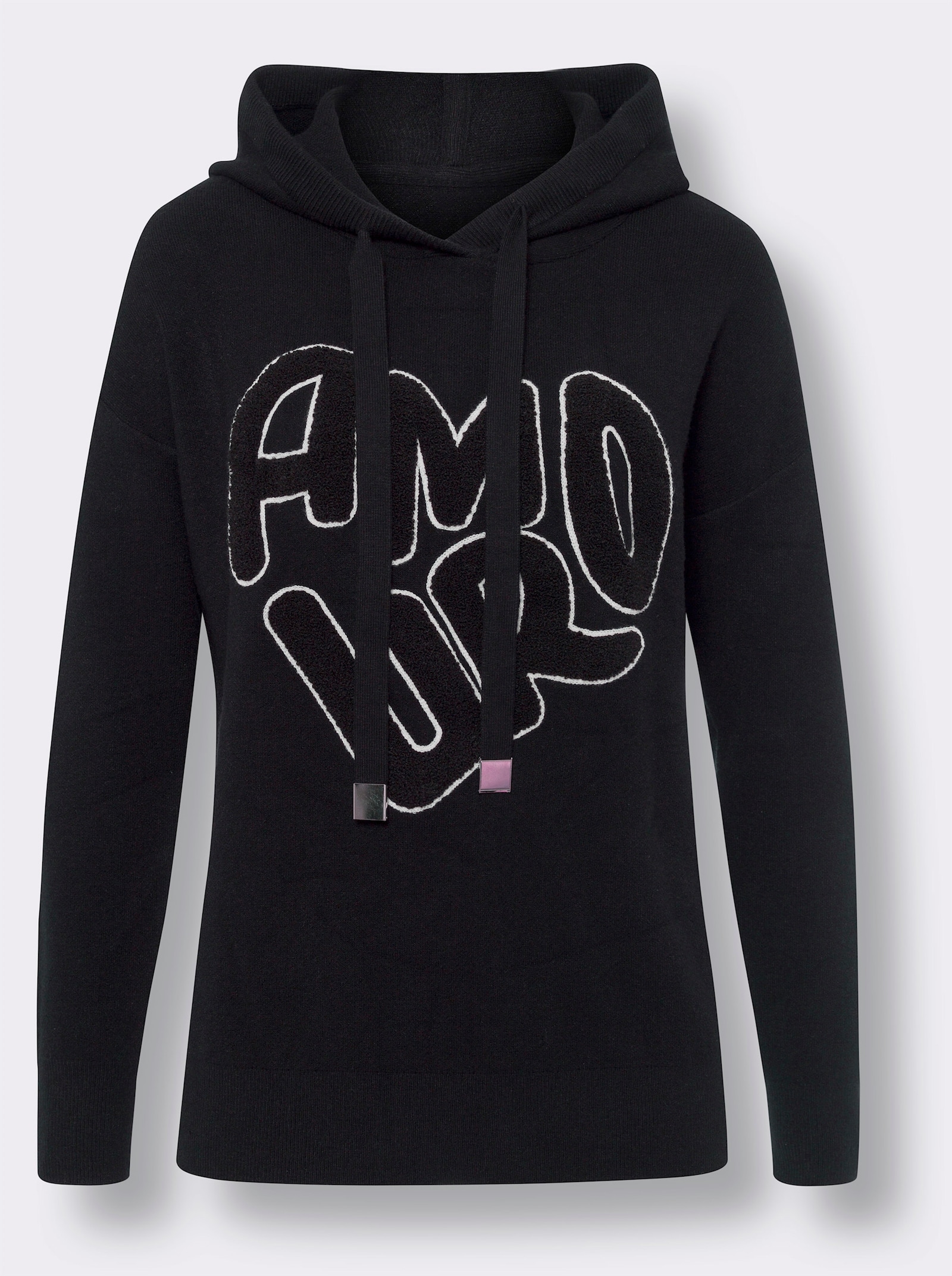 heine Kapuzenpullover mit Tunnelzug und Bindeband am Kragen - schwarz