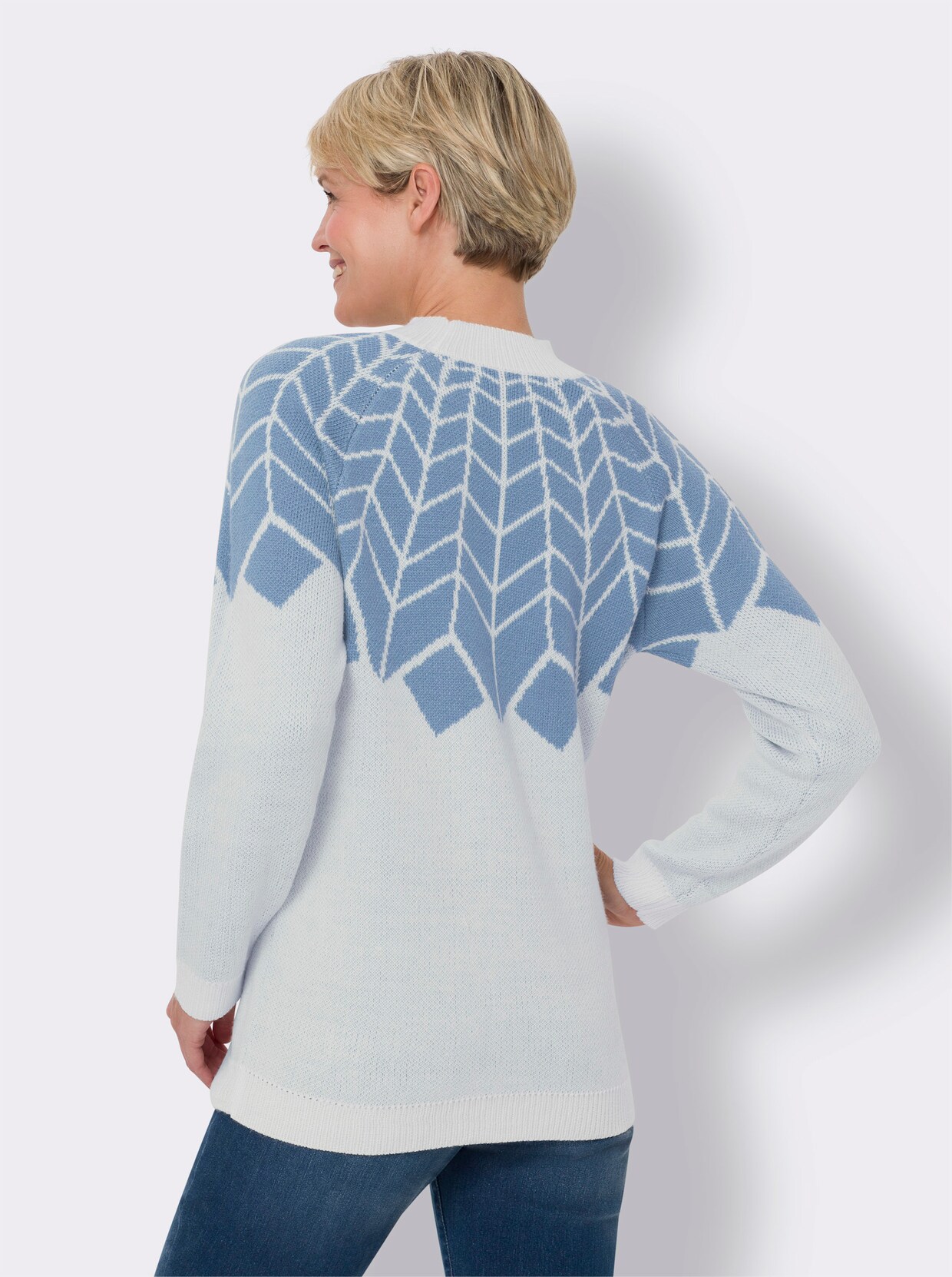 Stehkragenpullover - ecru-bleu-gemustert