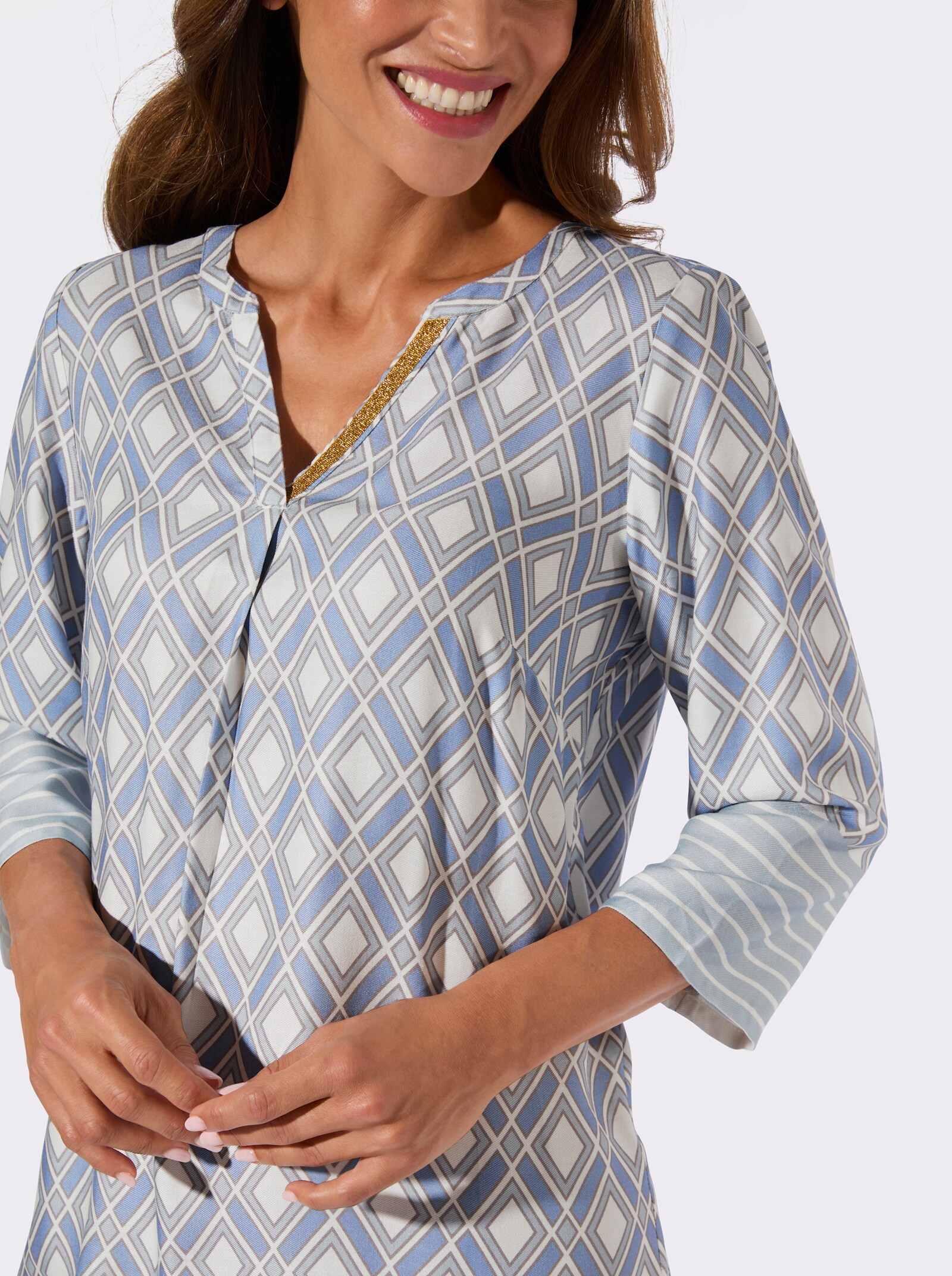 A-Linien-Kleid mit Falte vorne und hinten - himmelblau-ecru-bedruckt