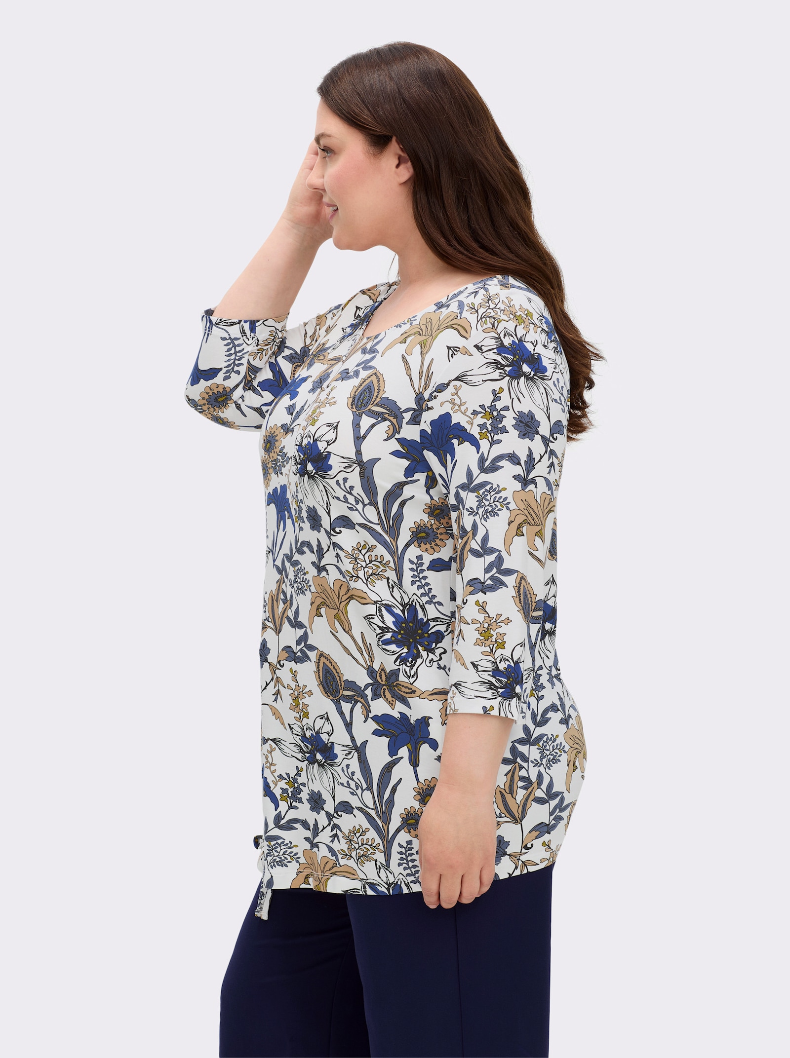 Print-Shirt mit 3/4-Ärmeln - ecru-royalblau-bedruckt