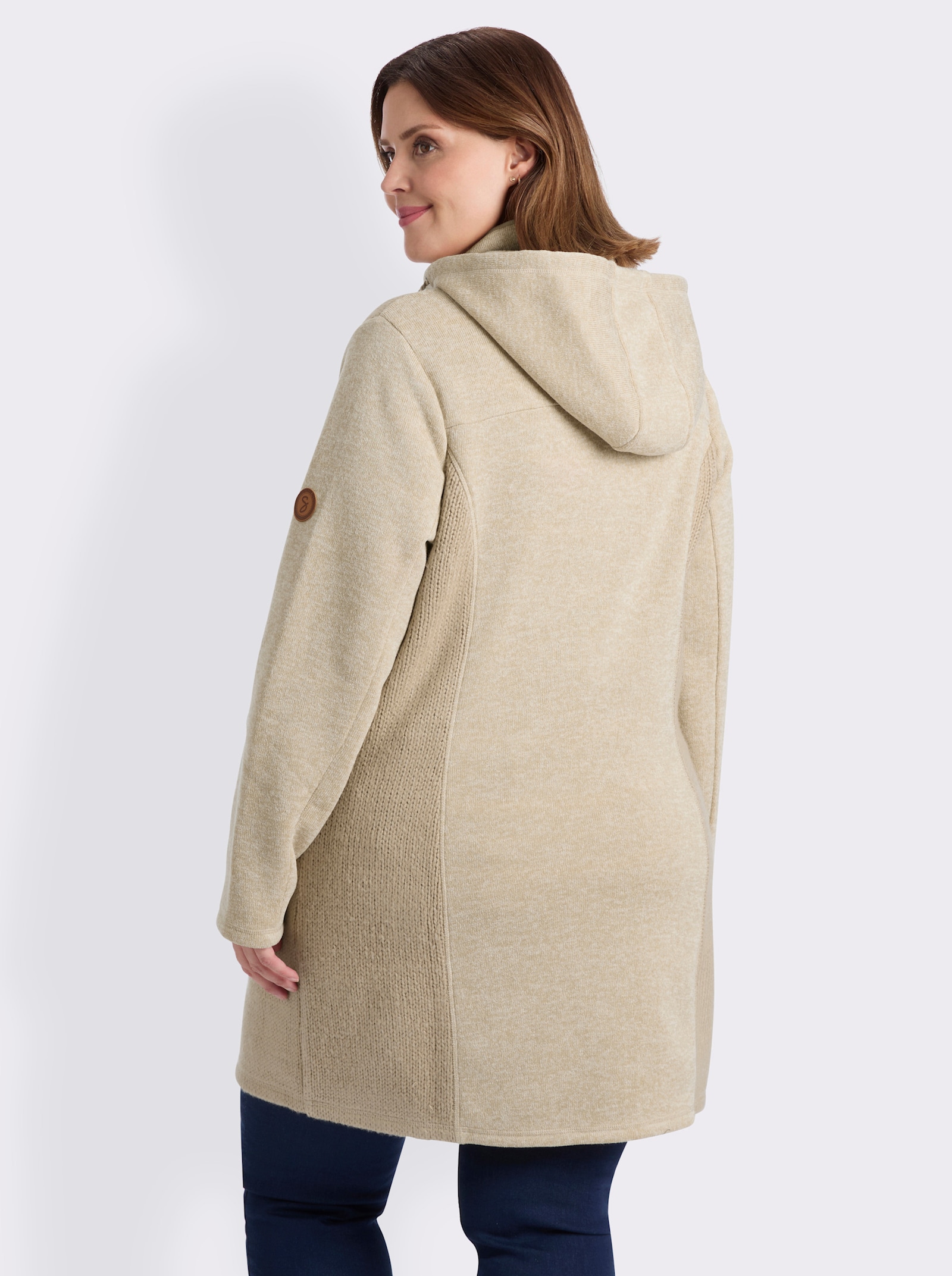 sheego Strickfleecejacke in Longform - beige-elfenbein-meliert