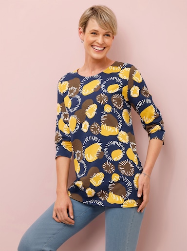 Longshirt mit 3/4-Ärmeln, Baumwolle - schoko-ocker-bedruckt