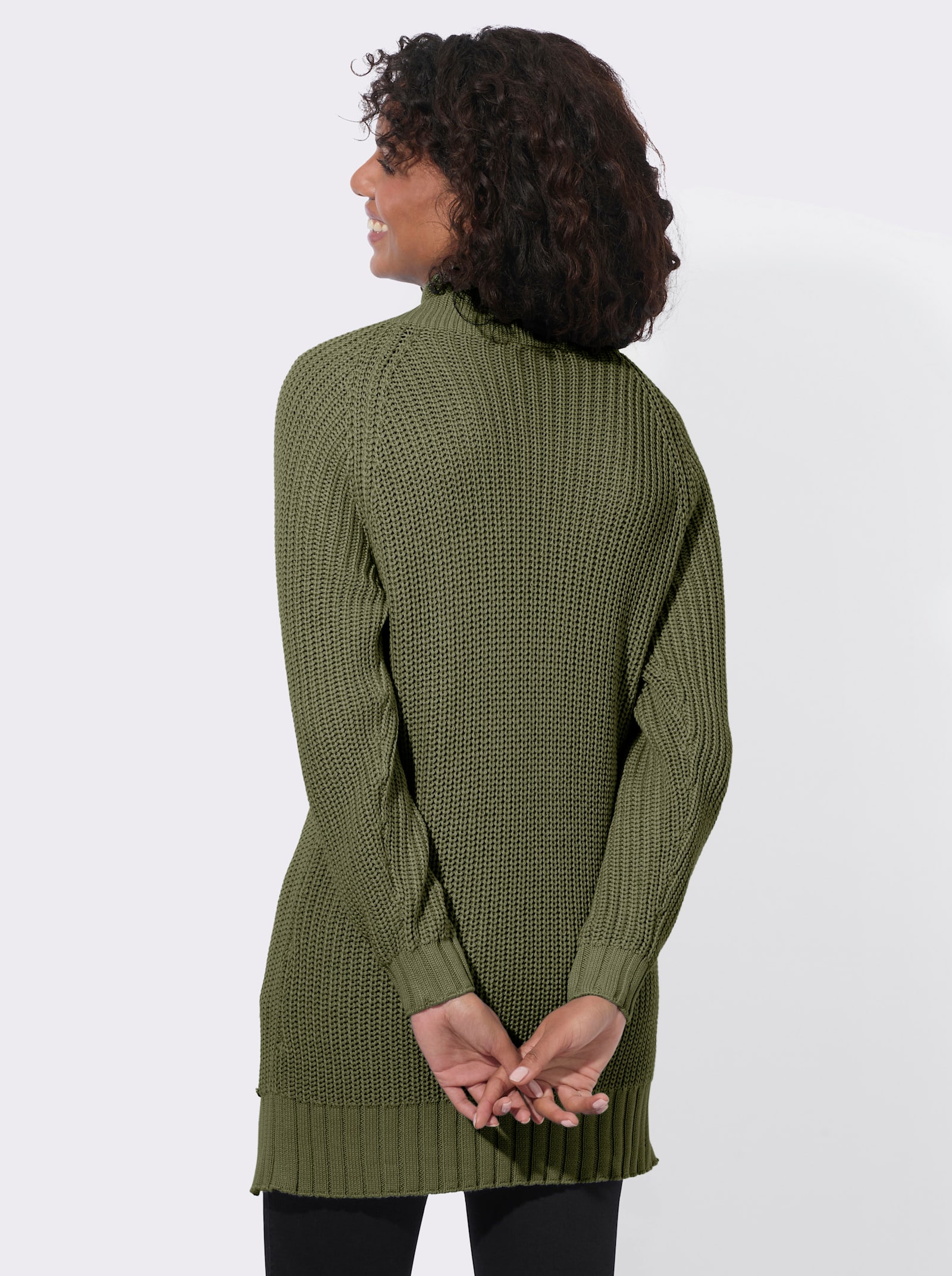 Longpullover mit Rippabschlüssen - khaki