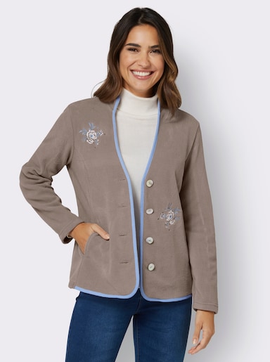 Fleecejacke mit Trachtenstickerei - taupe