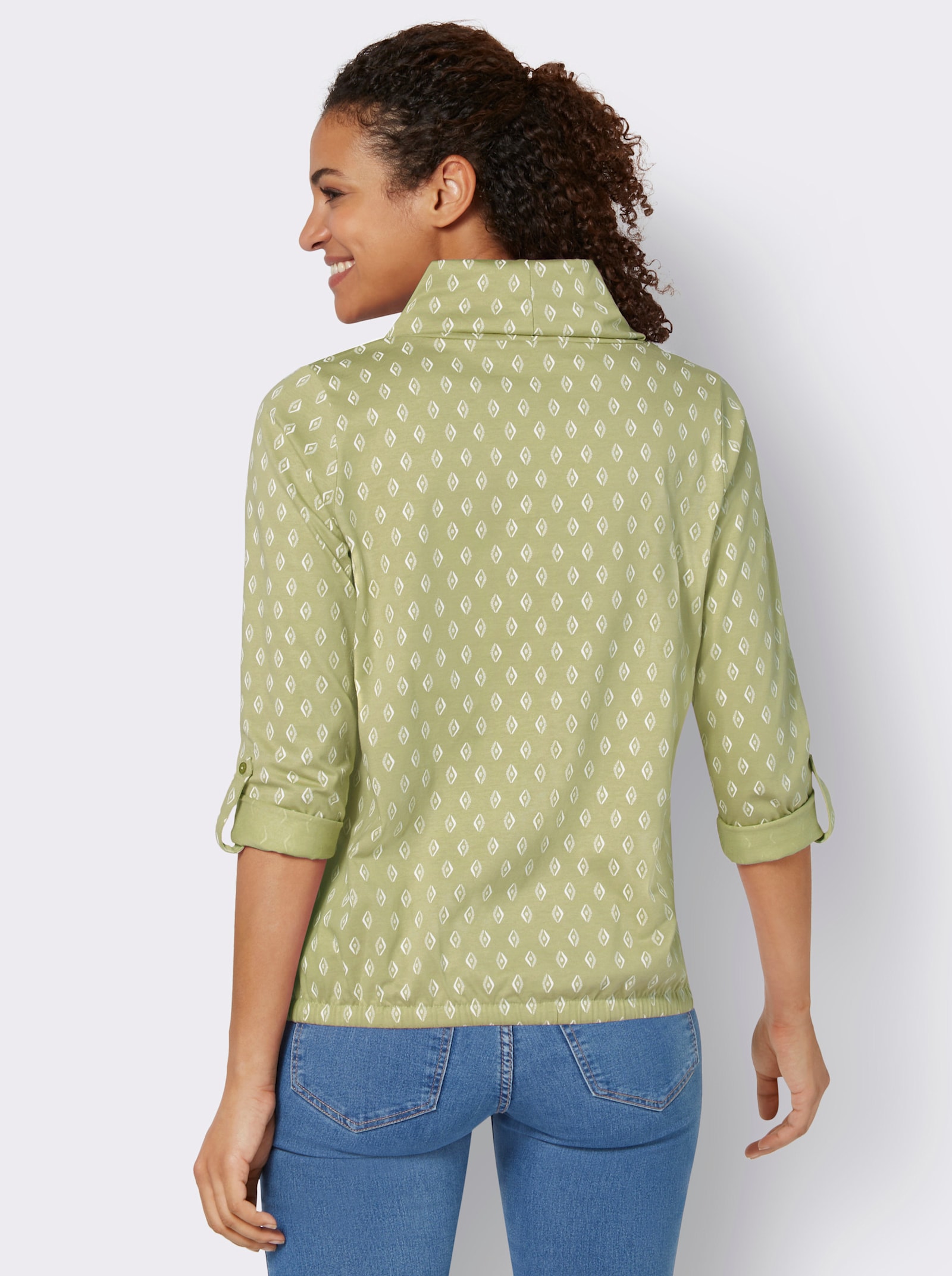 Rollkragenshirt Mit Krempel-Ärmel - lindgrün-ecru-bedruckt