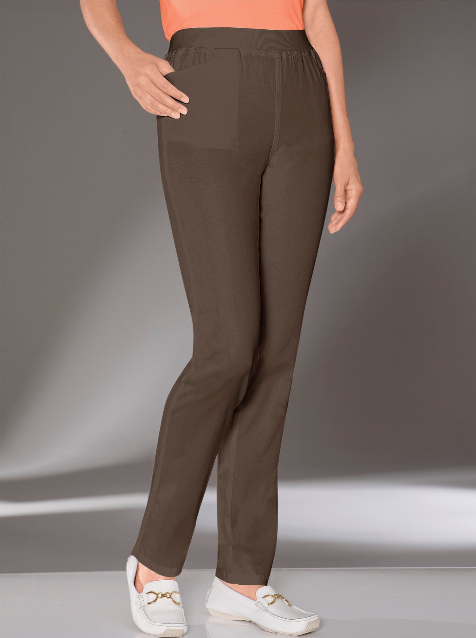 Stretchjeans met comfortband rondom - taupe