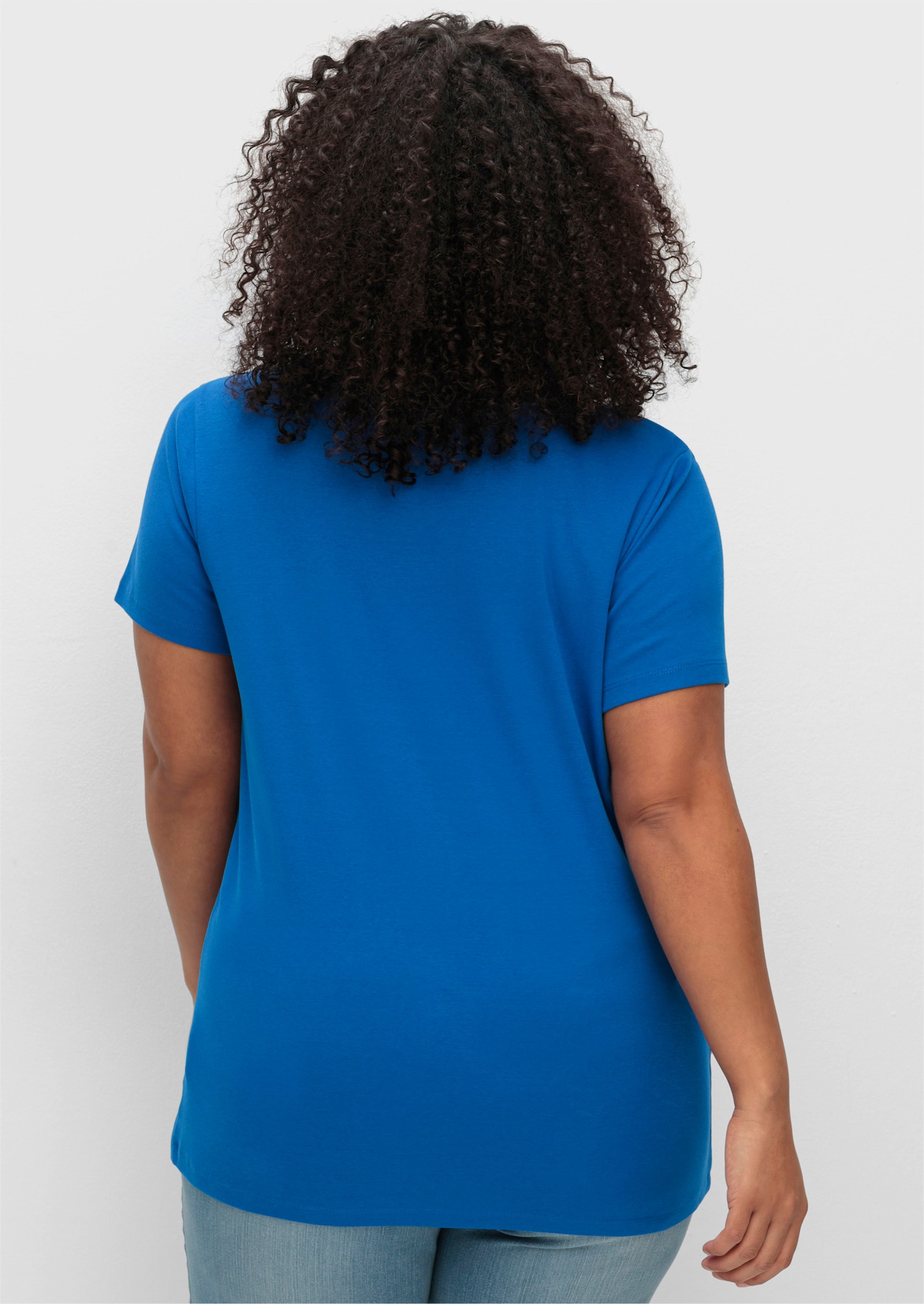 sheego T-Shirt mit V-Ausschnitt, Rippqualität - kobaltblau