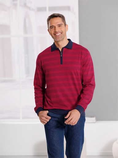 Poloshirt met lange mouwen - kersenrood/marine gestreept