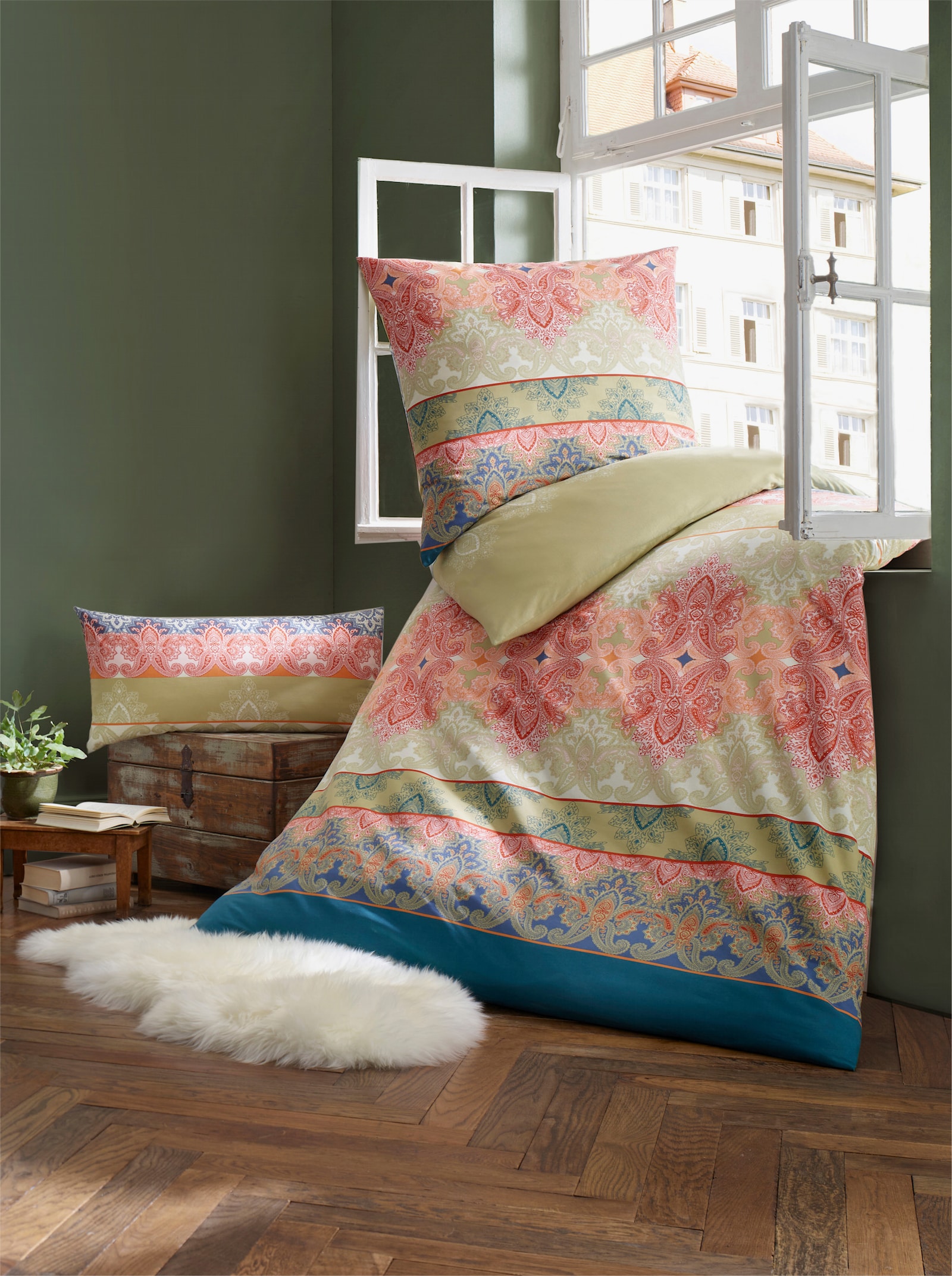 heine home Bettwäsche - pistazie-koralle-gemustert