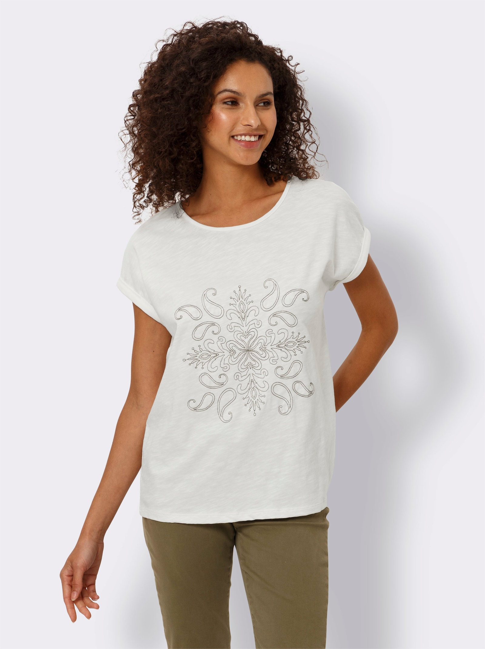 heine Rundhalsshirt mit Kontrast-Stickerei - ecru