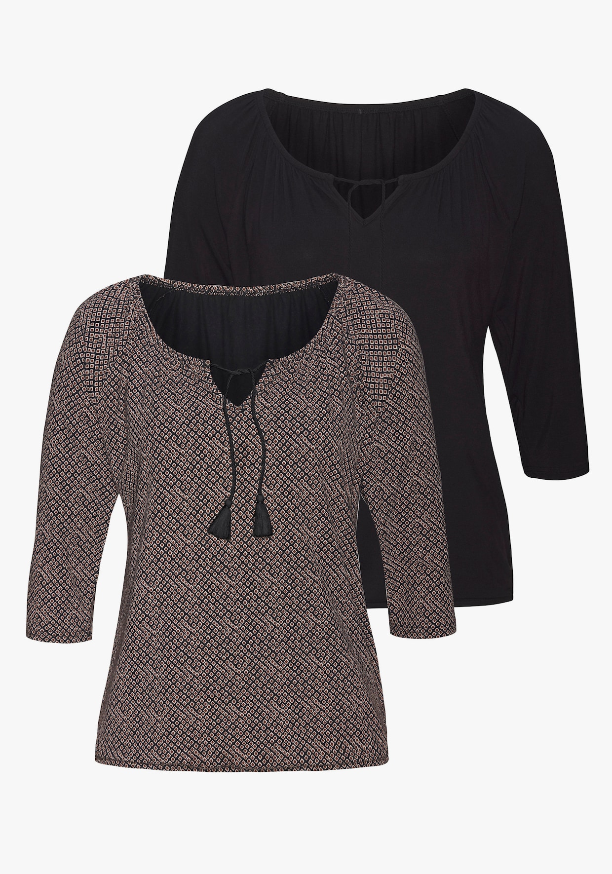 LASCANA T-shirt à manches 3/4 - noir imprimé, noir uni