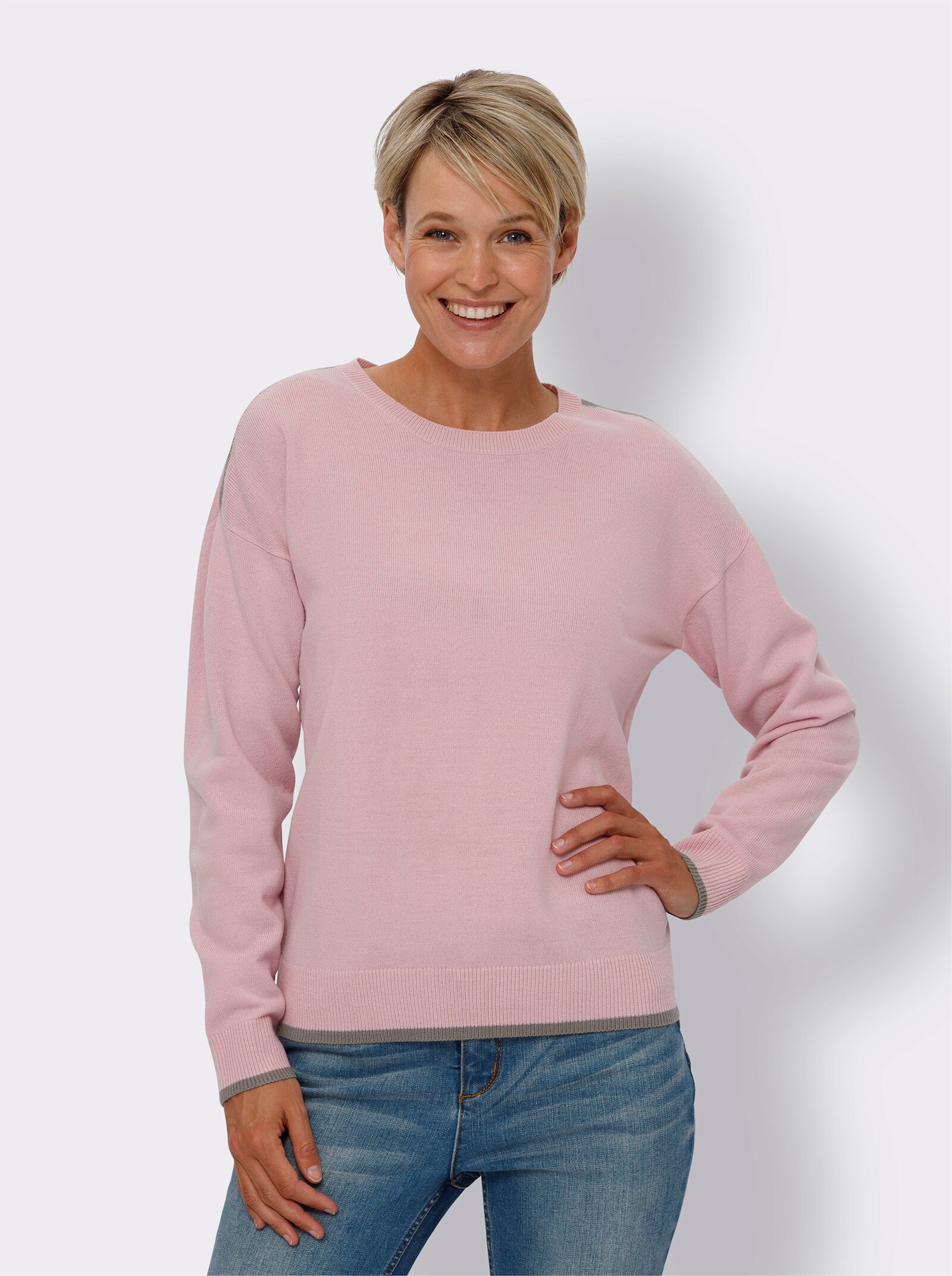 Langarm-Pullover mit Kontraststreifen - rosé-taupe