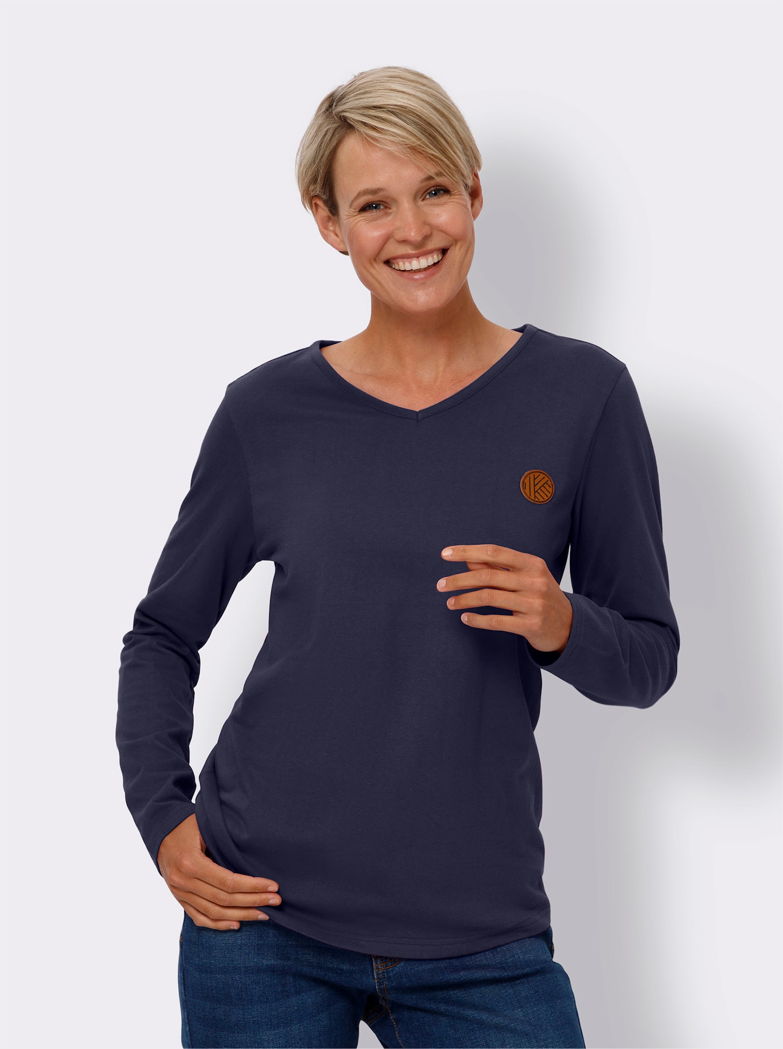 Shirt met V-hals en met patch van imitatieleer - marine