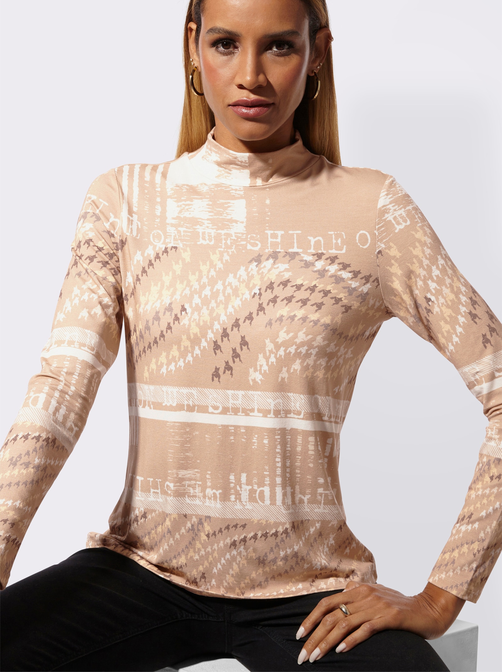Stehkragenshirt - beige-vanille-bedruckt