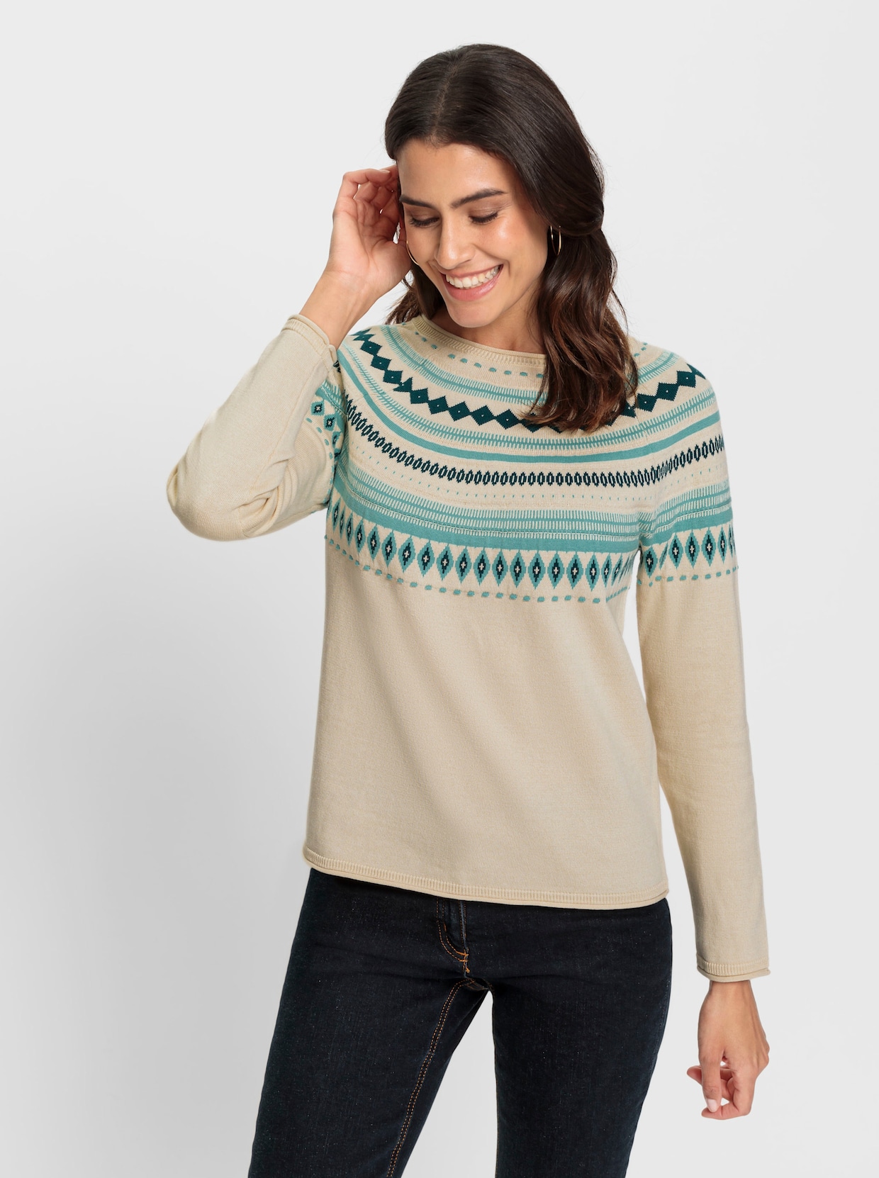 Noorse trui van jacquard - champagne/salie gedessineerd