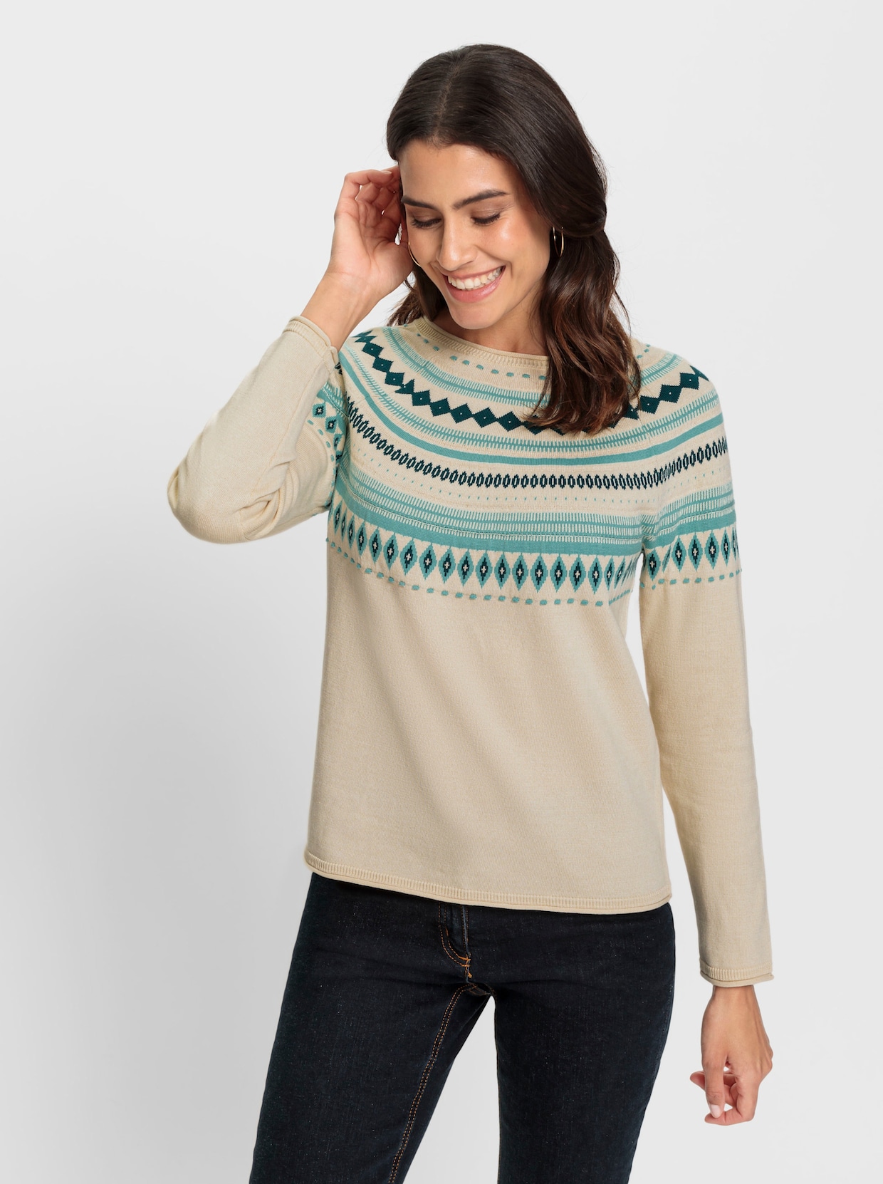 Pullover - champagner-salbei-gemustert