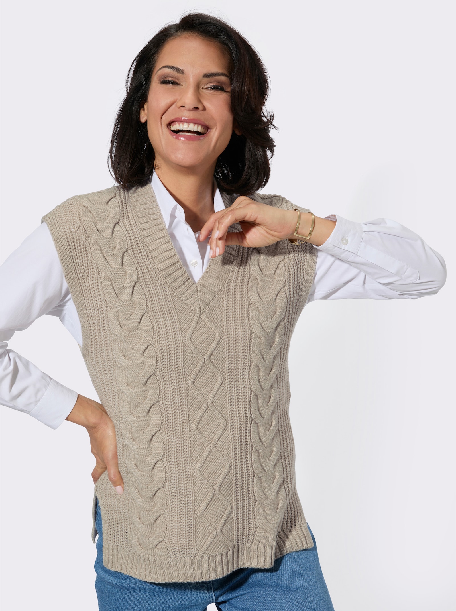 Pullunder mit großzügigem V-Ausschnitt - sand-meliert