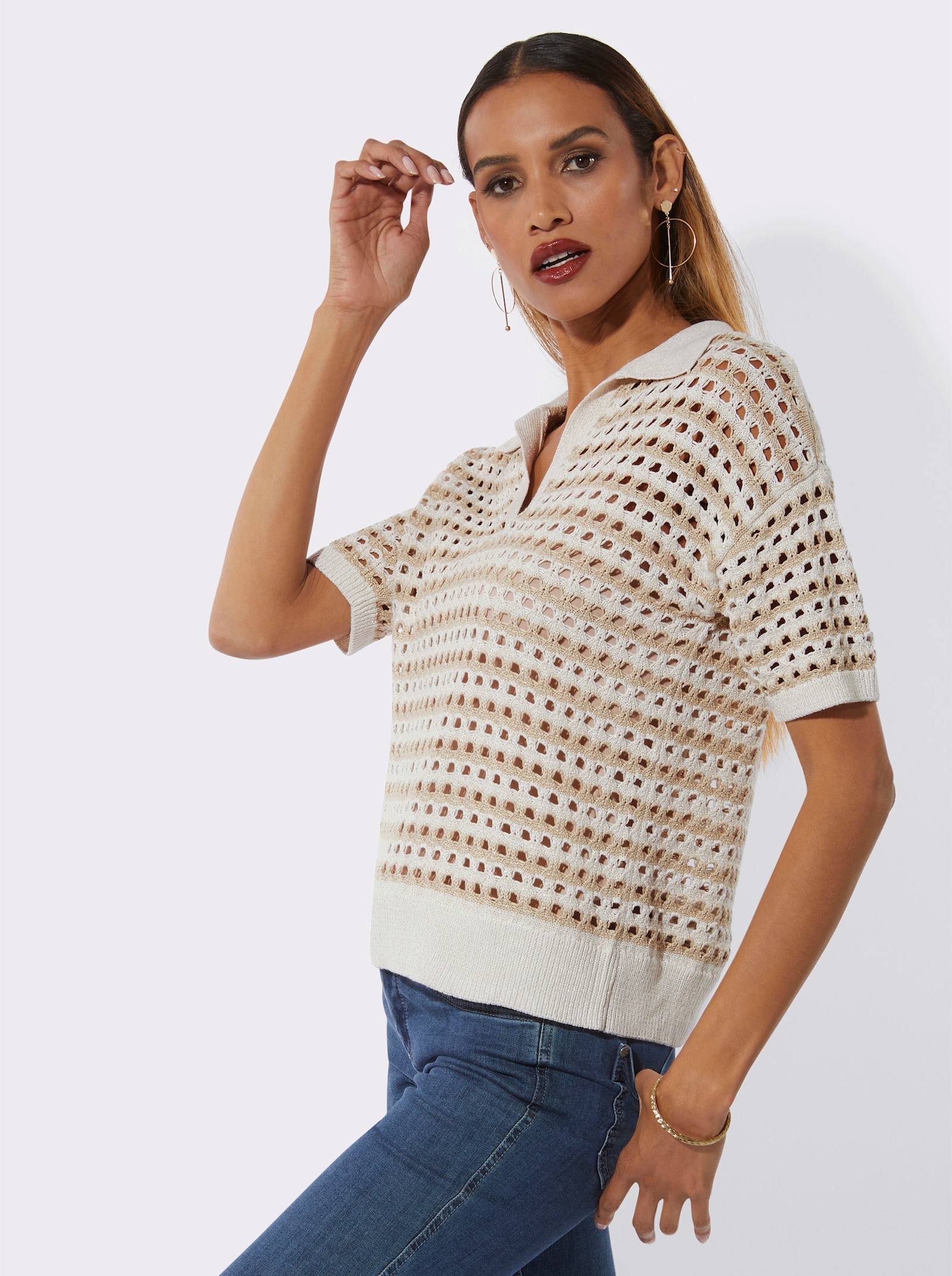 Polopullover in mix van viscose, polyester en lyocell - ecru/zand gedessineerd