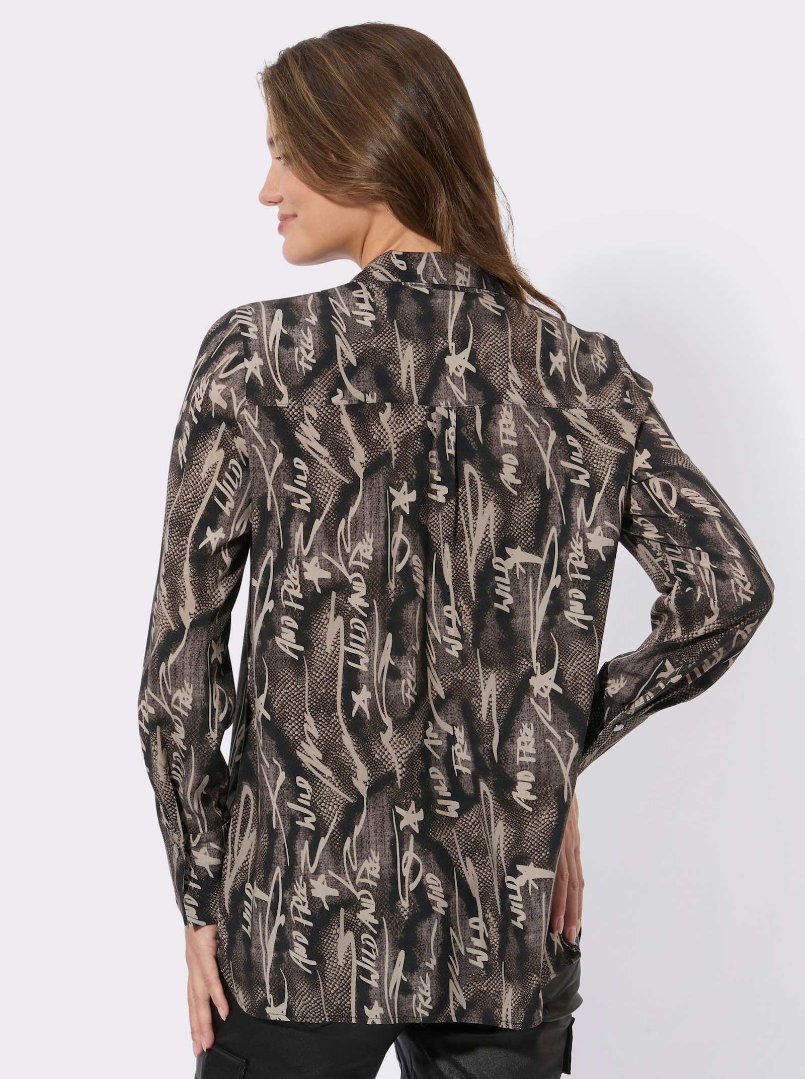 Longbluse aus reiner Viskose - dunkeltaupe-schwarz-bedruckt